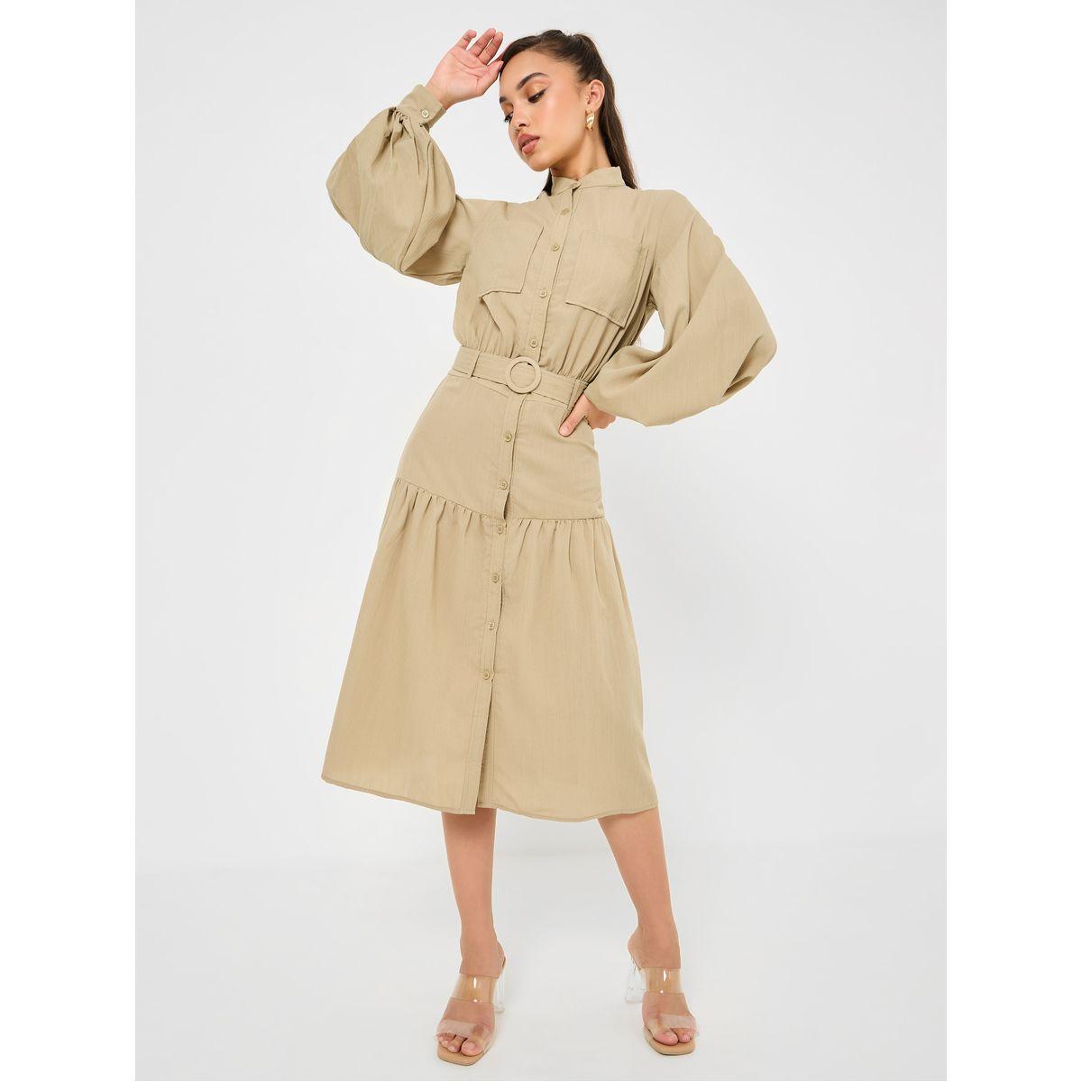 Styli Stand Collar Belted Shirt Midi Dress with Pockets-women-clothing-dresses-image-1