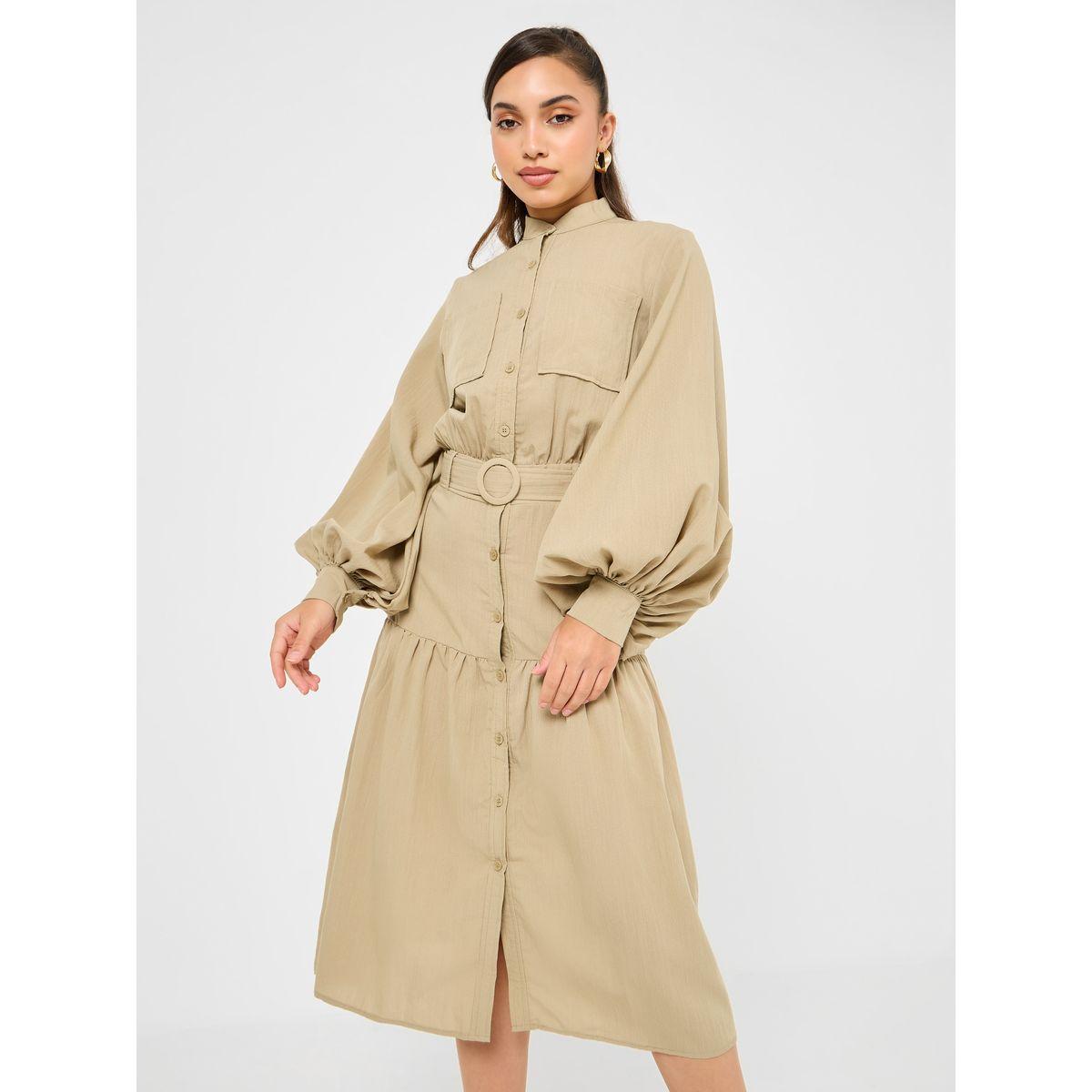 Styli Stand Collar Belted Shirt Midi Dress with Pockets-women-clothing-dresses-image-2