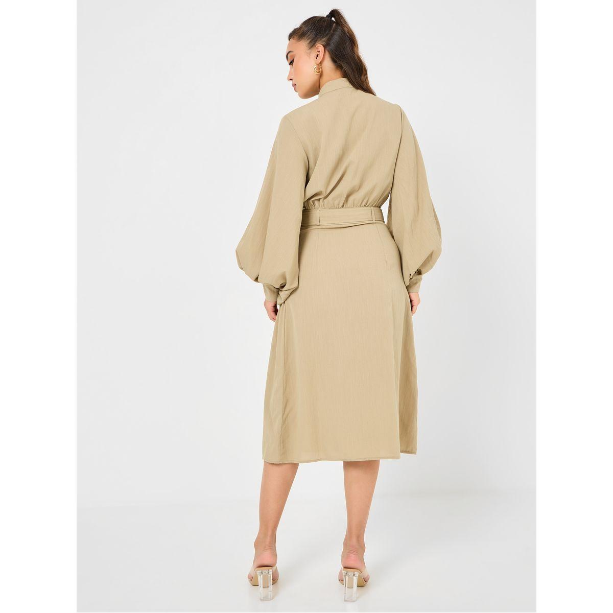 Styli Stand Collar Belted Shirt Midi Dress with Pockets-women-clothing-dresses-image-4