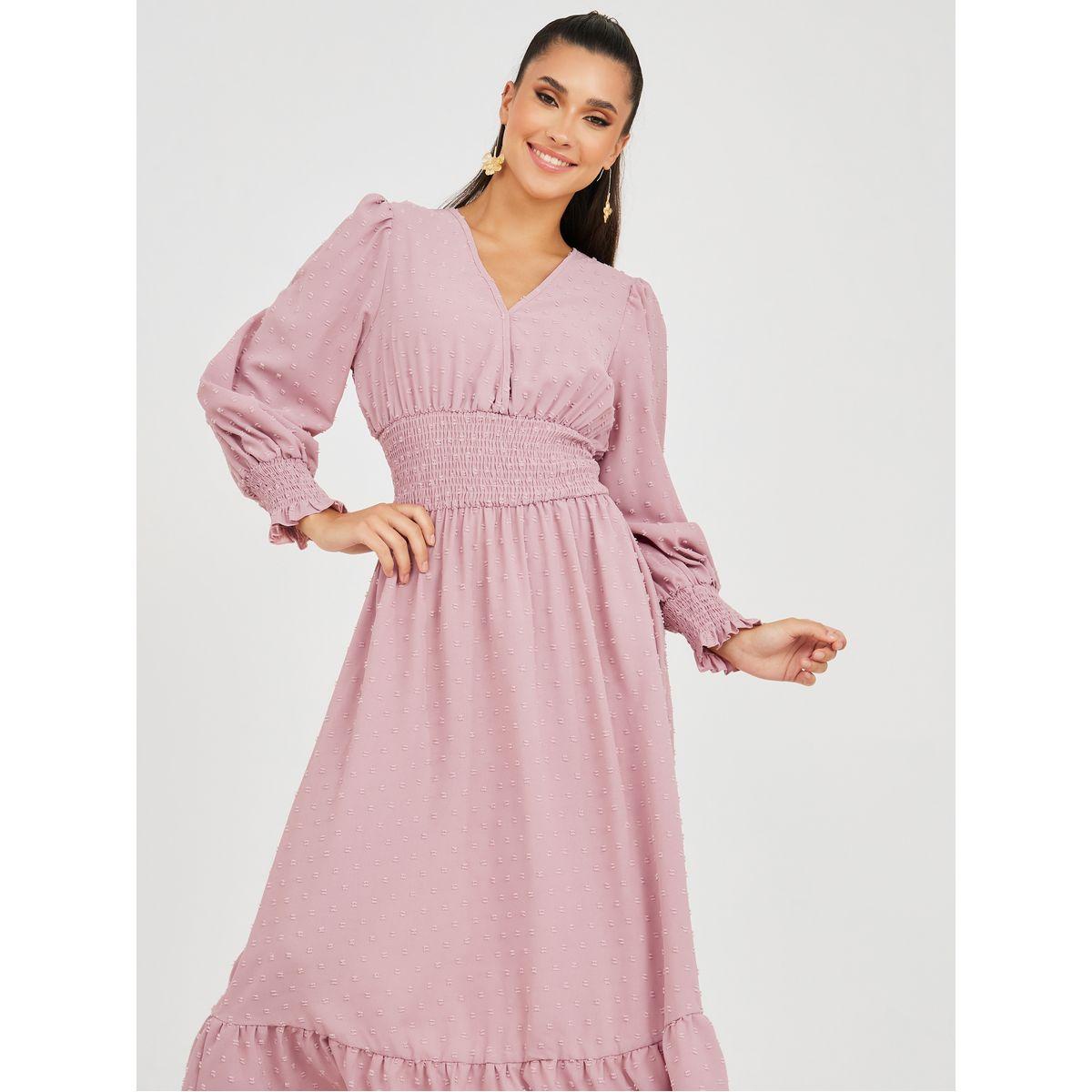 Styli Dobby Smocked Detail A-Line Midi Dress-women-clothing-dresses-image-2