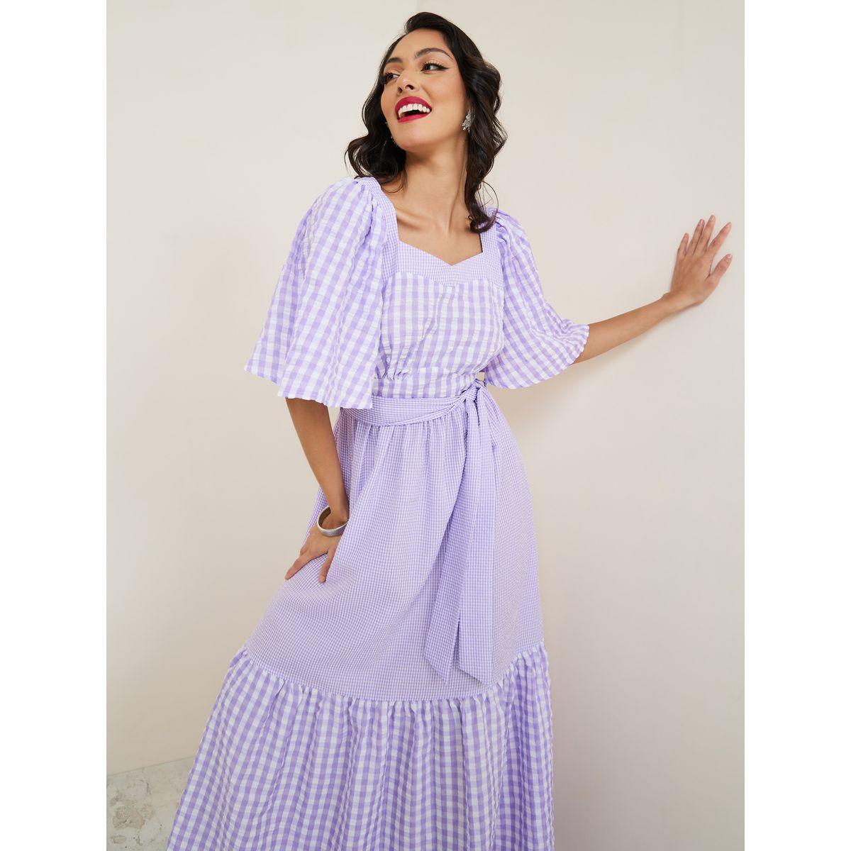Styli Gingham Check Puff Sleeve Tiered Maxi Dress-women-clothing-dresses-image-1