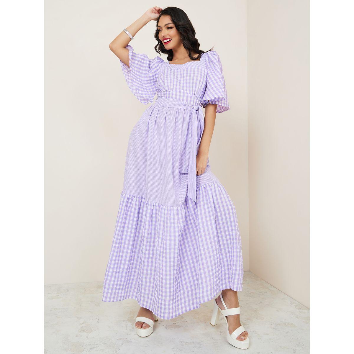 Styli Gingham Check Puff Sleeve Tiered Maxi Dress-women-clothing-dresses-image-2