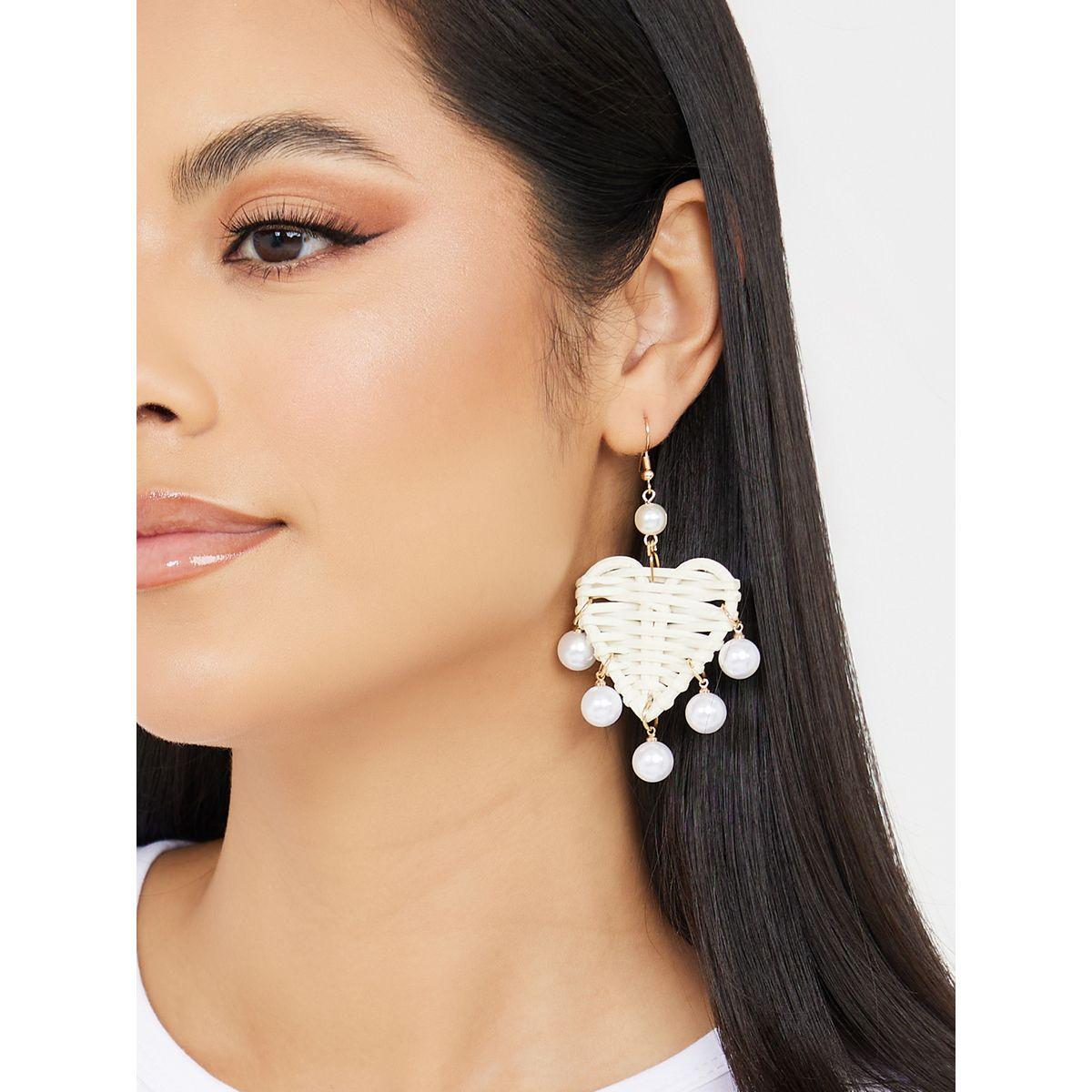 Styli Heart Shape Straw Earrings with Pearl Drops-women-watchesandjewellery-jewellery-earrings-image-2