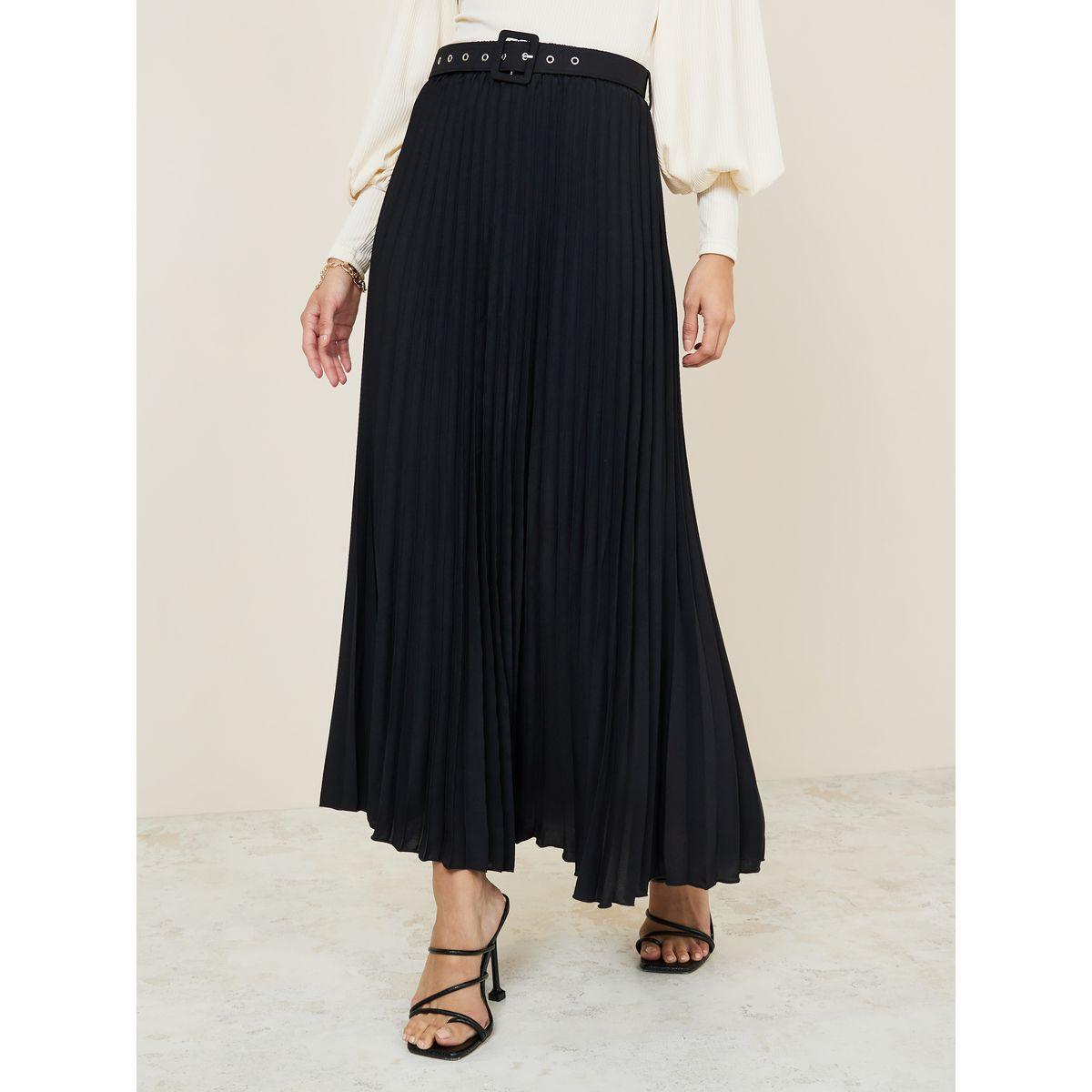 Styli Solid Pleated Maxi Skirt with Riveted Belt-women-clothing-bottoms-skirts-image-1