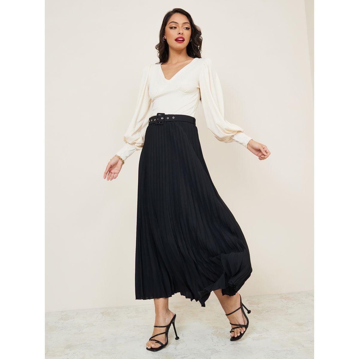 Styli Solid Pleated Maxi Skirt with Riveted Belt-women-clothing-bottoms-skirts-image-2