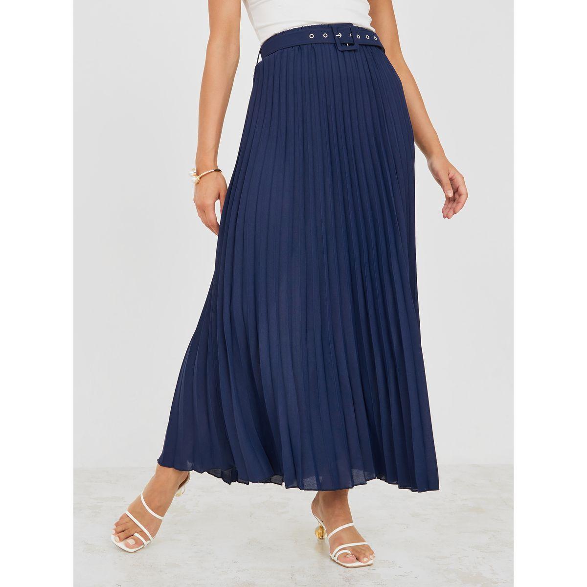 Styli Solid Pleated Maxi Skirt with Riveted Belt-women-clothing-bottoms-skirts-image-1
