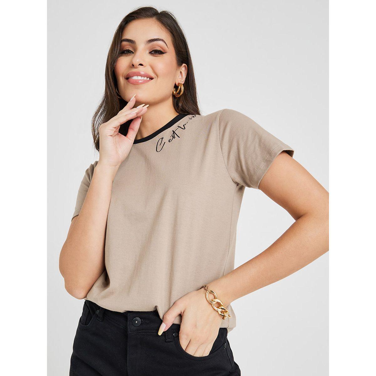Styli Regular Fit Round Contrast Neck Slogan T-Shirt-women-clothing-tshirts-image-2