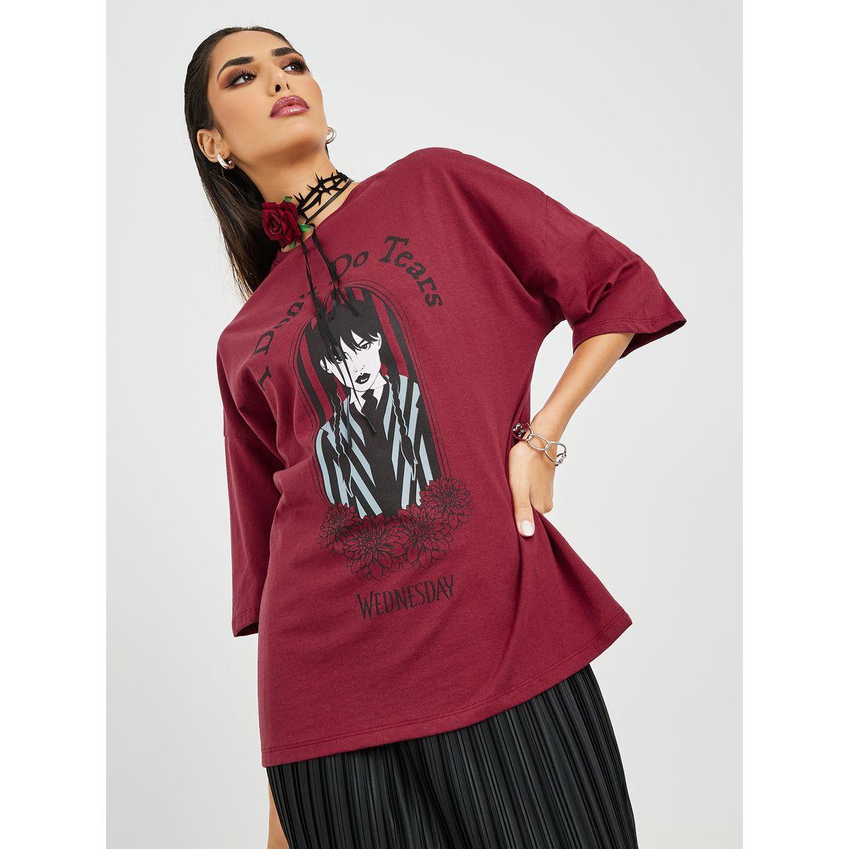 Styli Oversized Wednesday Graphic Drop Shoulder T-Shirt-women-clothing-tshirts-image-1