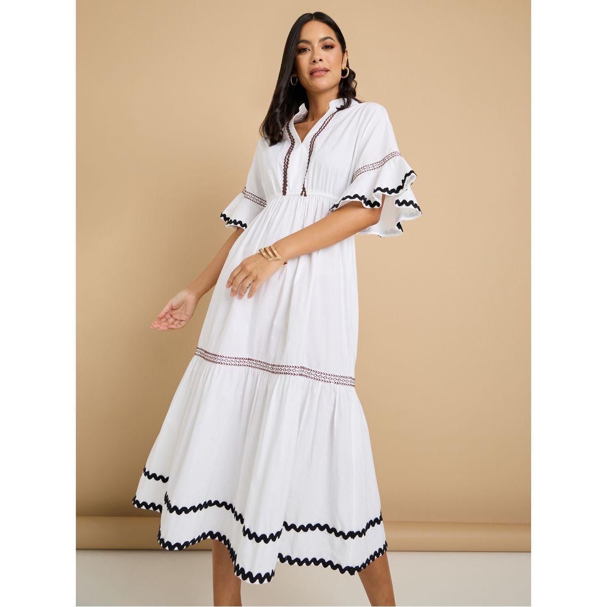 Styli Embroidered Trim Notch Neck A-Line Dress-women-clothing-dresses-image-1