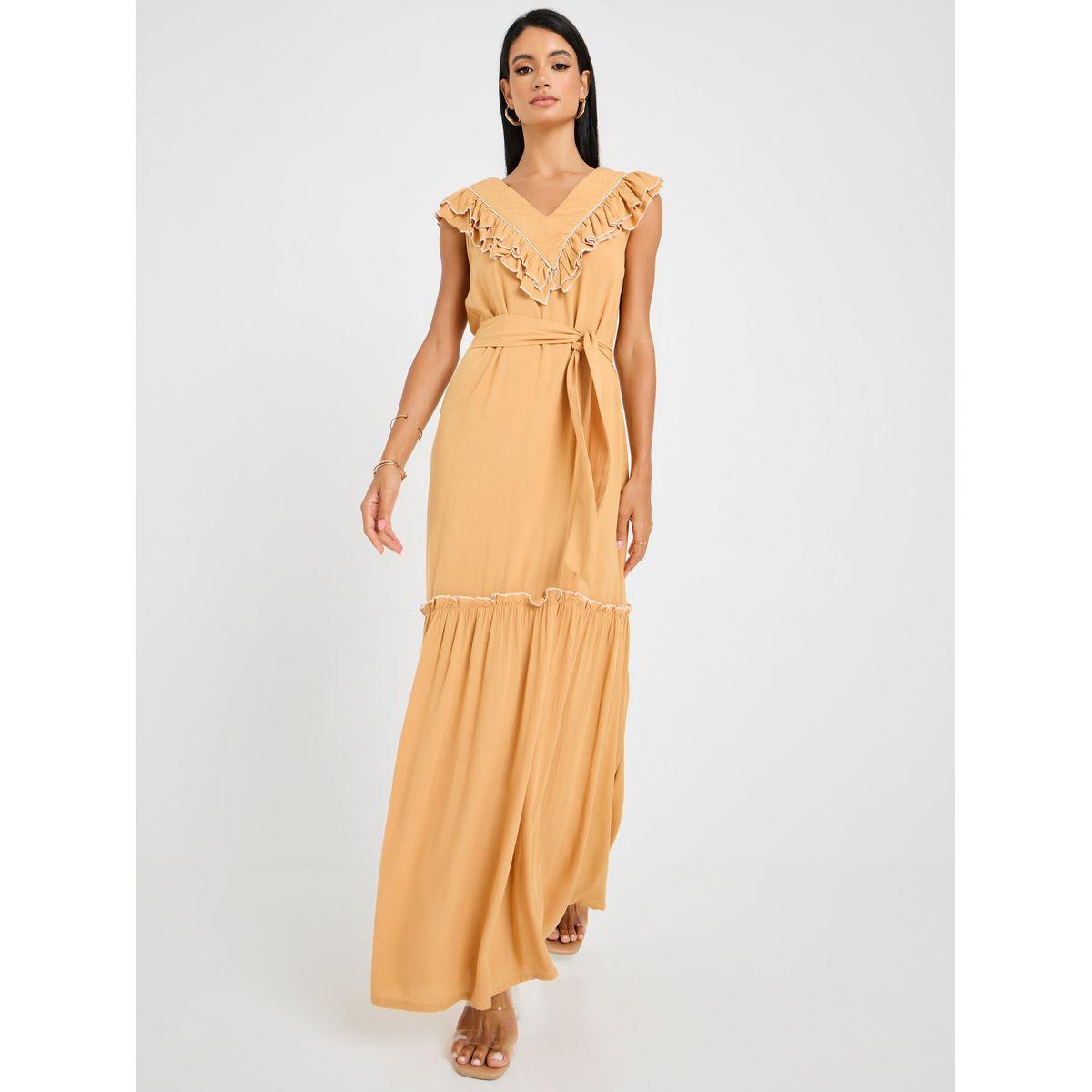 Styli Ruffle Trim Tie Up Front A-Line Maxi Dress-women-clothing-dresses-image-1