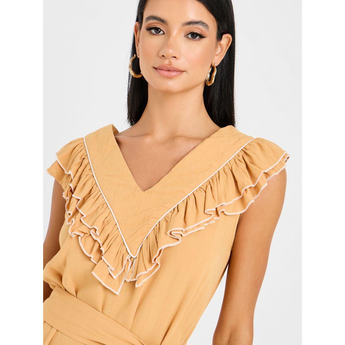 Styli Ruffle Trim Tie Up Front A-Line Maxi Dress-women-clothing-dresses-image-3