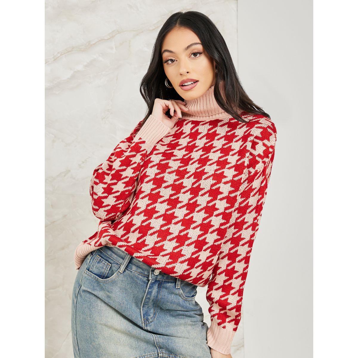 Styli Regular Fit Houndstooth Pattern Turtle Neck Sweater-women-clothing-cardigansandjumpers-jumpers-image-1