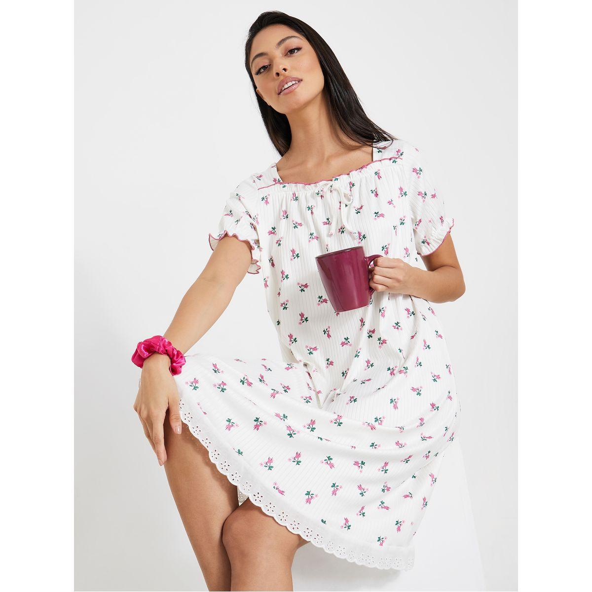 Styli Unwind Contrast Lettuce Hem Floral Print Rib Broderie Nightdress-women-clothing-nightwear-nighties-image-1