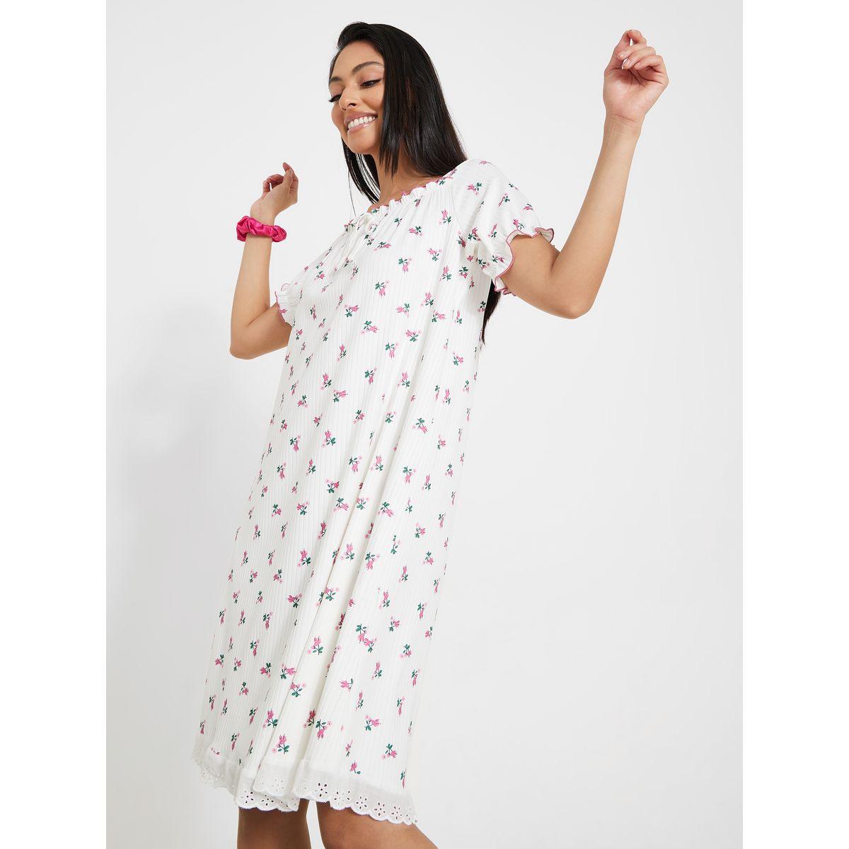 Styli Unwind Contrast Lettuce Hem Floral Print Rib Broderie Nightdress-women-clothing-nightwear-nighties-image-3
