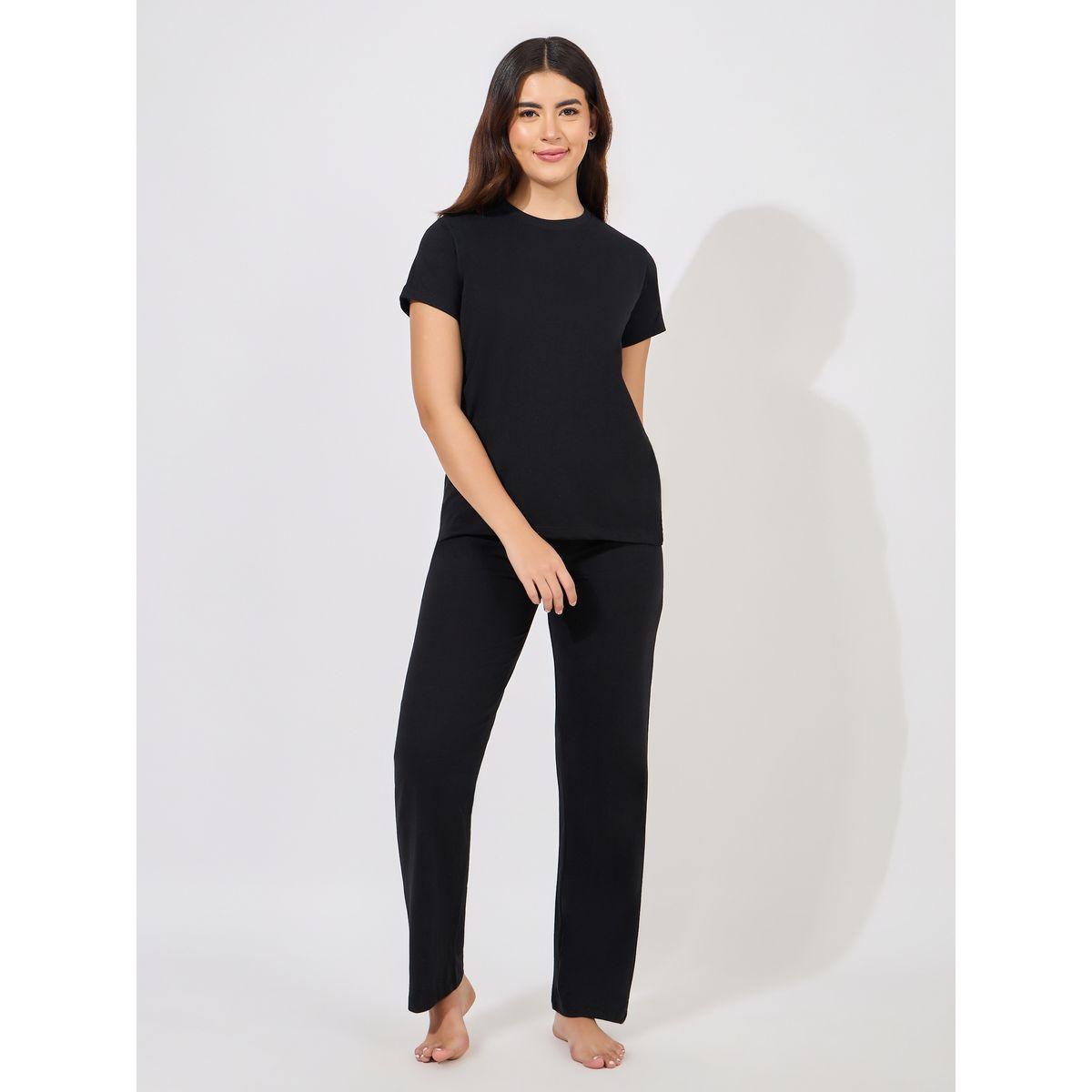 طقم من بنطال بيجاما مع تيشيرت قطن سادة-women-clothing-nightwear-pyjamas-longsets-image-1