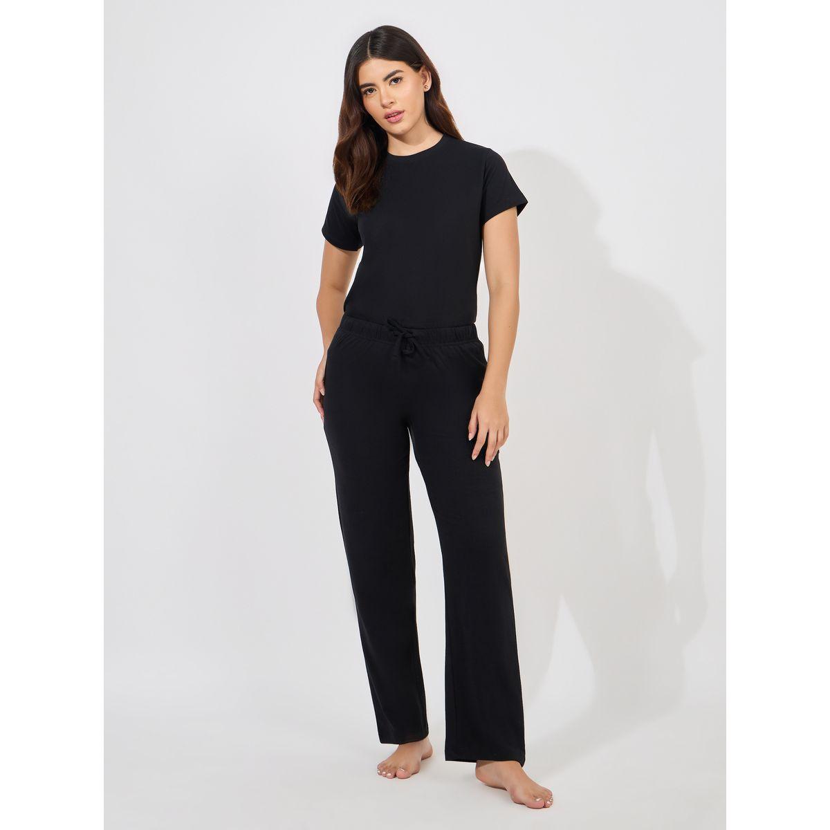 طقم من بنطال بيجاما مع تيشيرت قطن سادة-women-clothing-nightwear-pyjamas-longsets-image-2