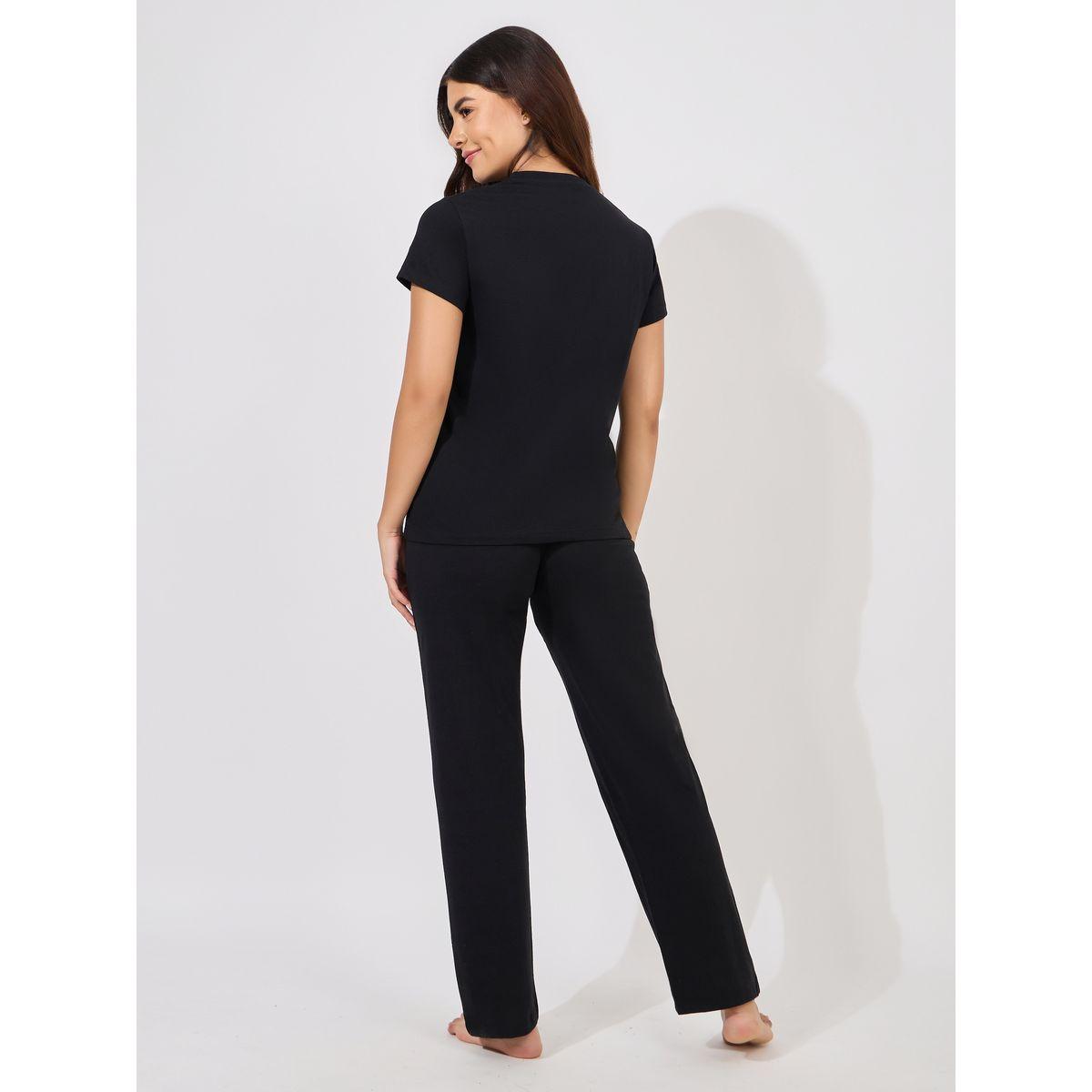 طقم من بنطال بيجاما مع تيشيرت قطن سادة-women-clothing-nightwear-pyjamas-longsets-image-5