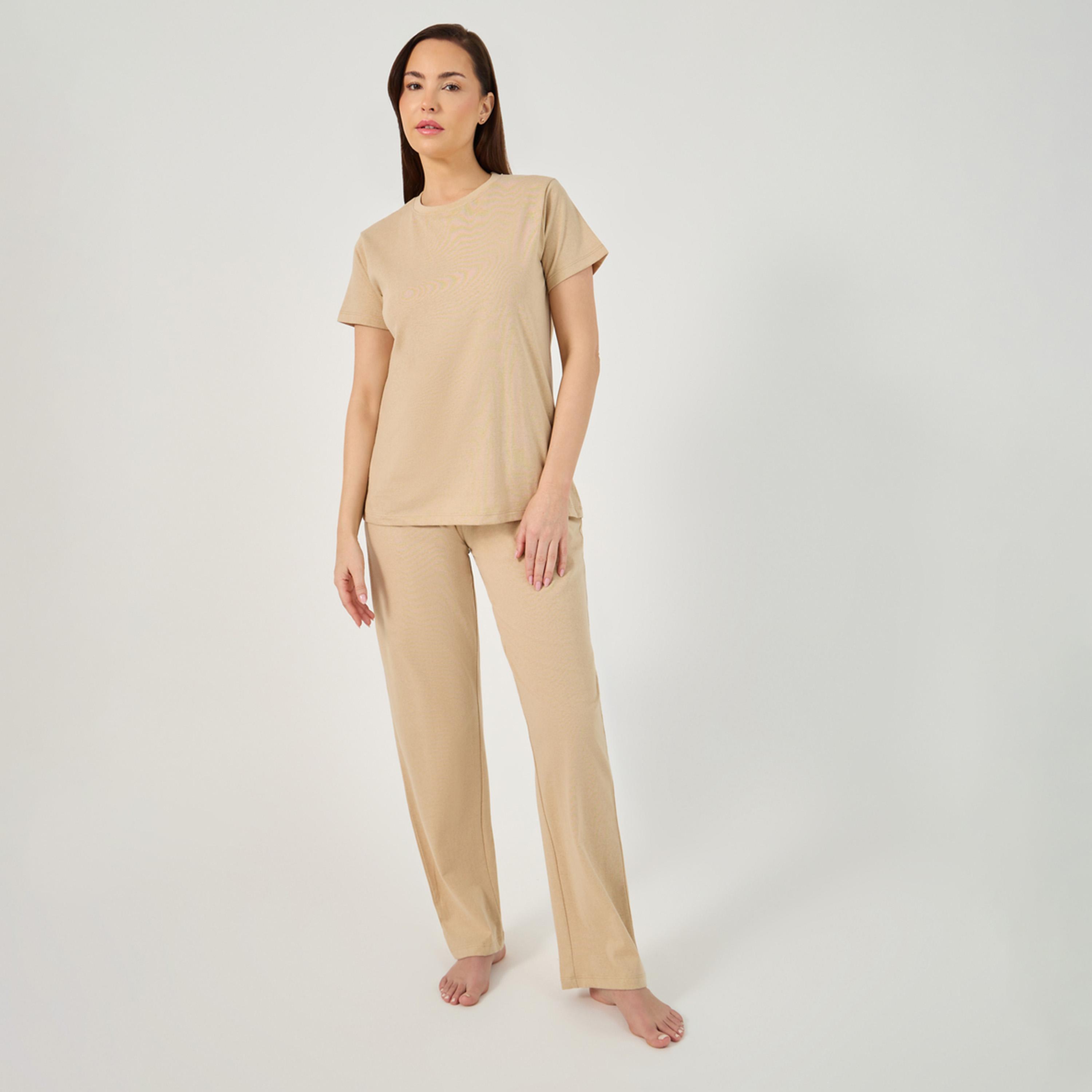 ستايلي - أنوايند طقم تي شيرت سادة برقبة دائرية مع بنطال بيجامة-women-clothing-nightwear-pyjamas-longsets-image-1