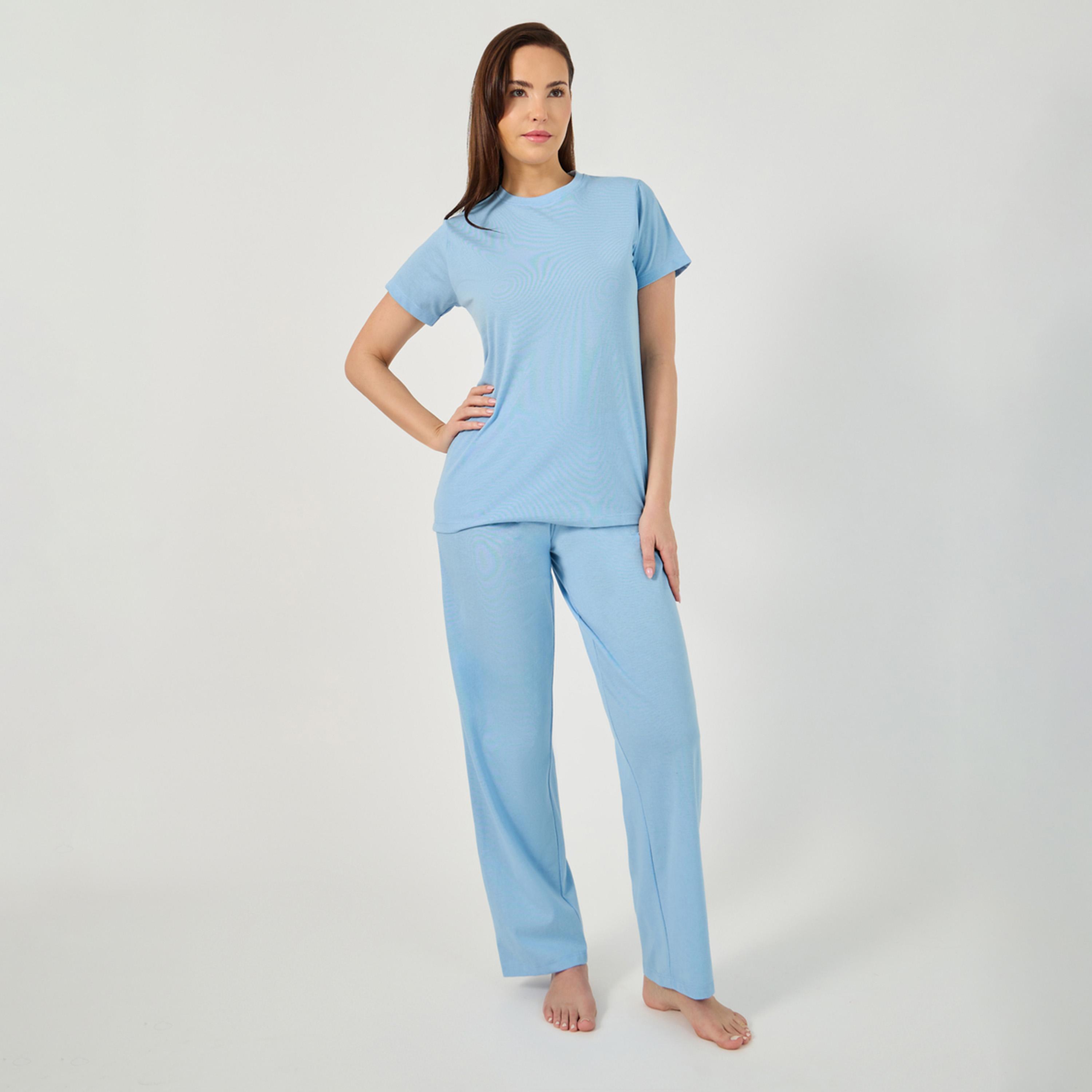 Styli Unwind Solid Round Neck T-Shirt And Pyjama Set-women-clothing-nightwear-pyjamas-longsets-image-1