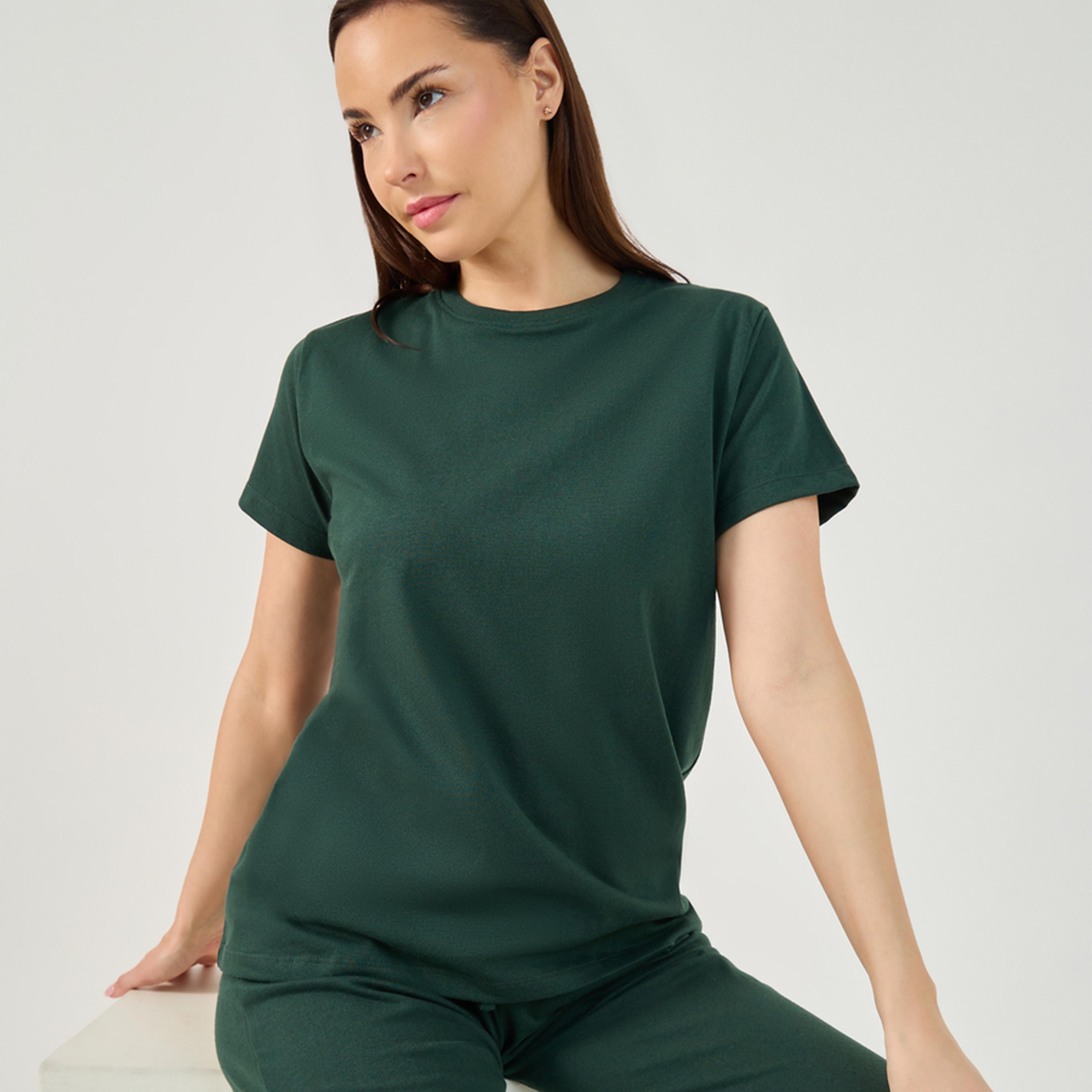 Styli Unwind Solid Round Neck T-Shirt And Pyjama Set-women-clothing-nightwear-pyjamas-longsets-image-1