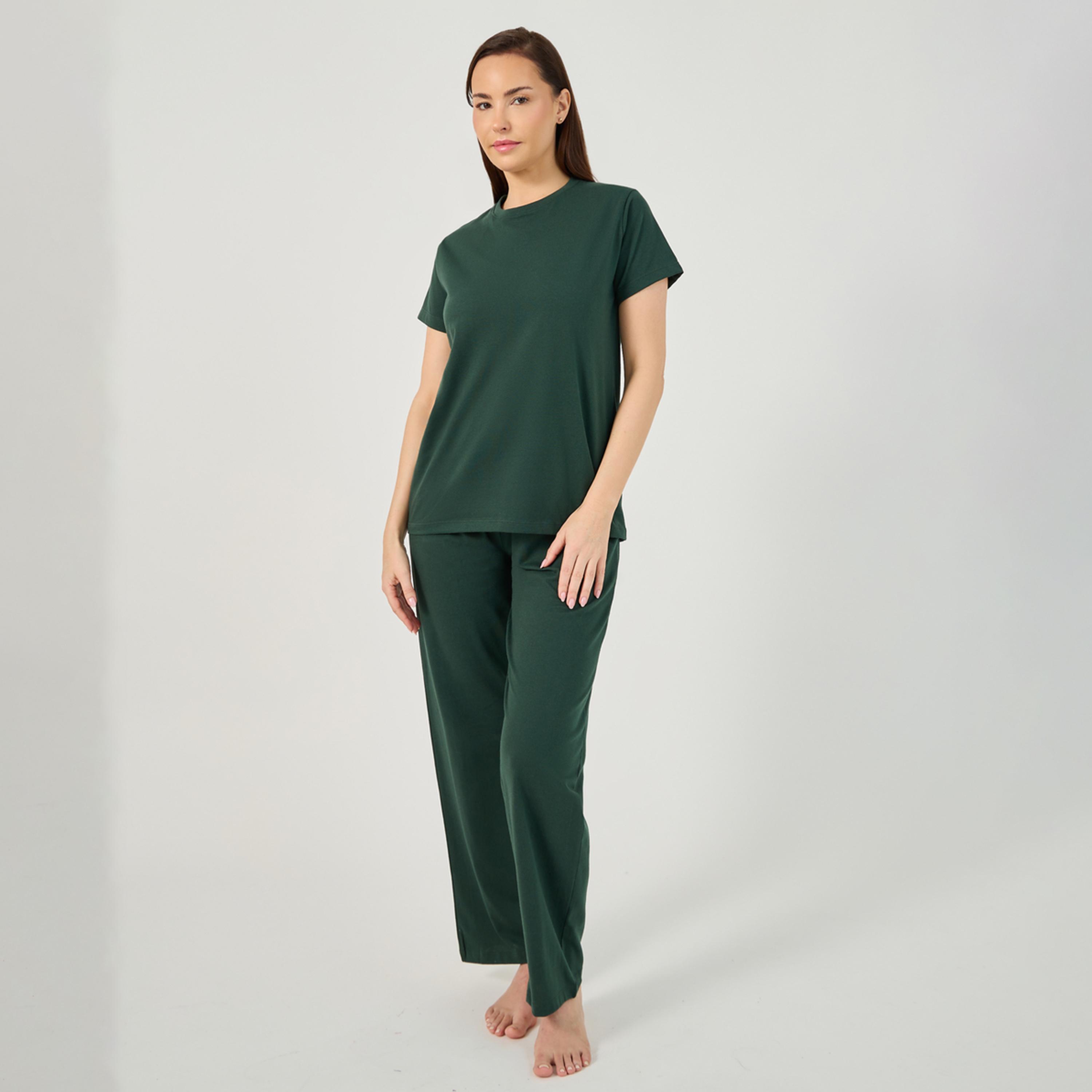 Styli Unwind Solid Round Neck T-Shirt And Pyjama Set-women-clothing-nightwear-pyjamas-longsets-image-2