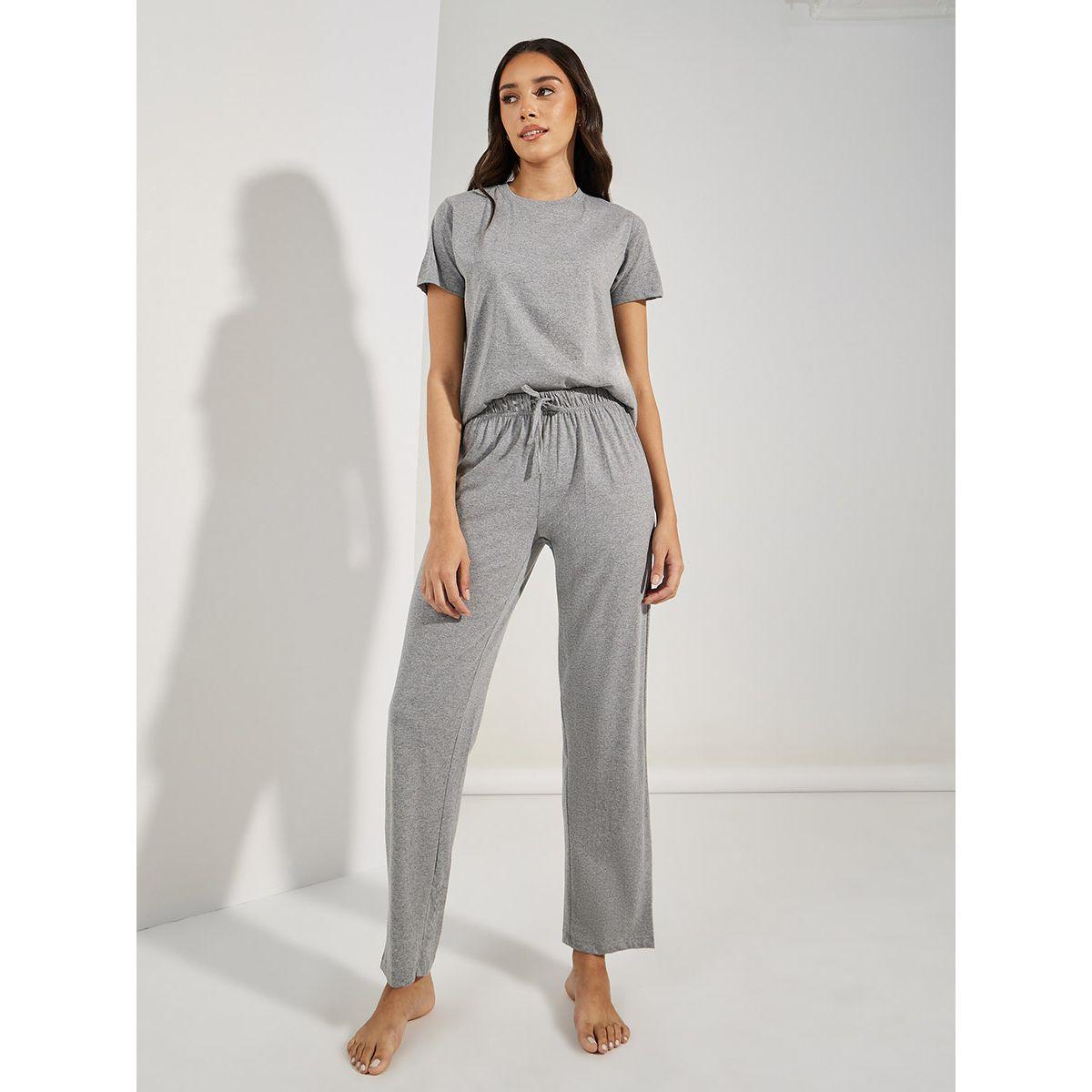 Styli Unwind Solid Cotton T-Shirt & Straight Pyjama Set-women-clothing-nightwear-pyjamas-longsets-image-1