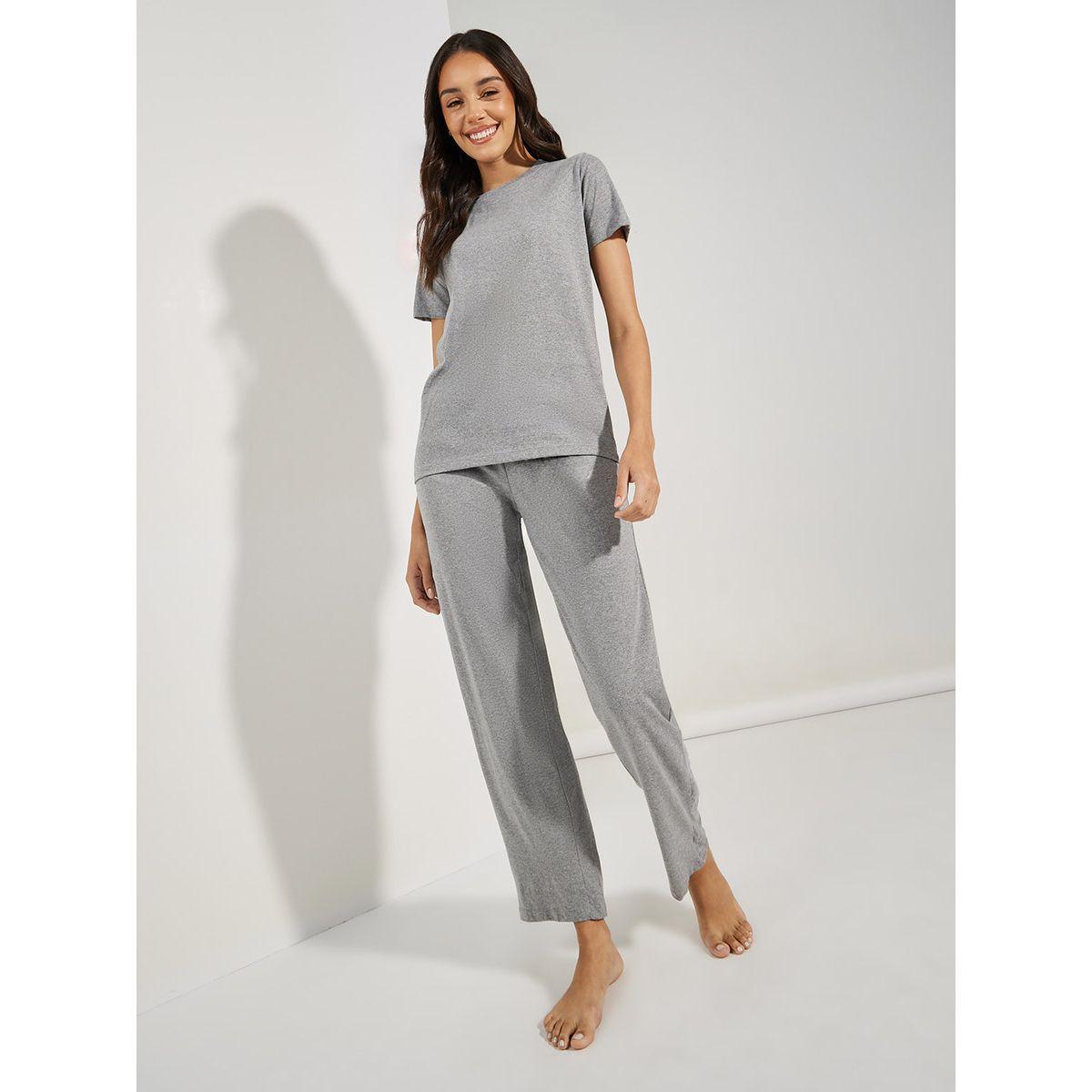 Styli Unwind Solid Cotton T-Shirt & Straight Pyjama Set-women-clothing-nightwear-pyjamas-longsets-image-2