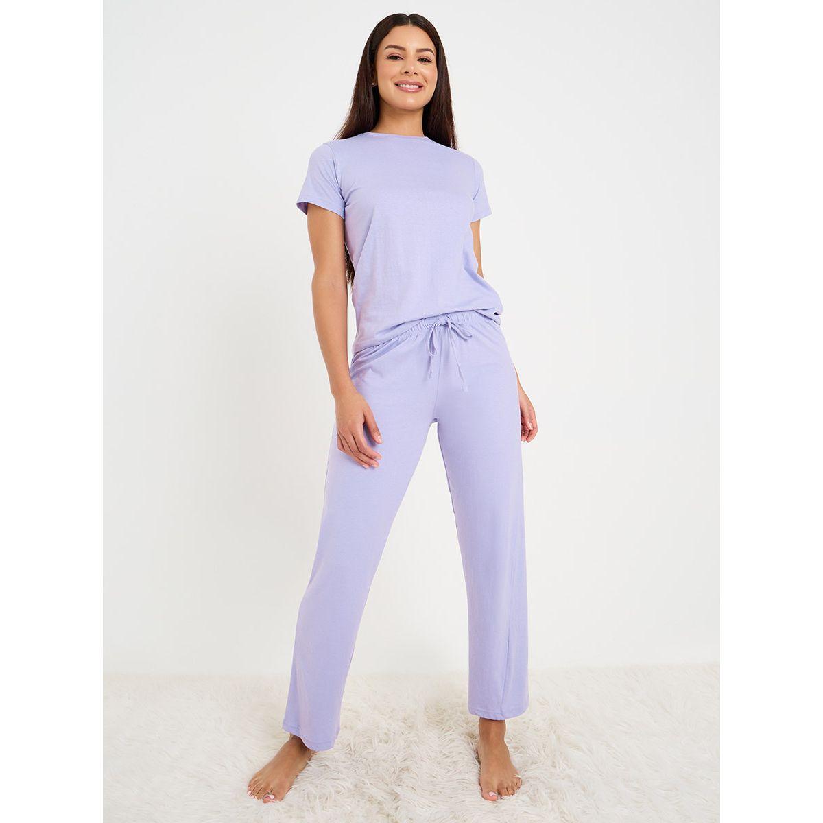 Styli Unwind Solid Cotton T-Shirt & Pyjama Set-women-clothing-nightwear-pyjamas-longsets-image-1