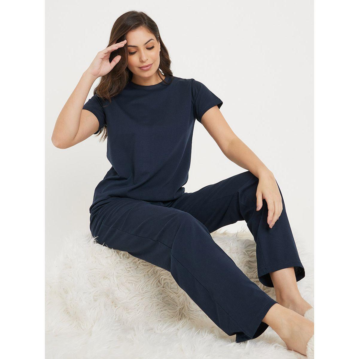 Styli Unwind Solid Cotton T-Shirt & Pyjama Set-women-clothing-nightwear-pyjamas-longsets-image-1