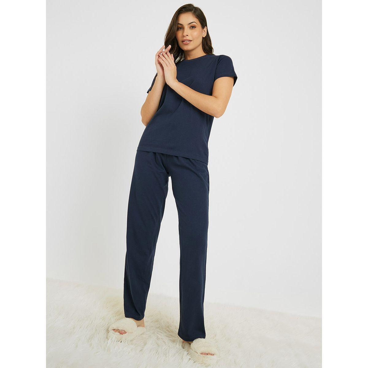 Styli Unwind Solid Cotton T-Shirt & Pyjama Set-women-clothing-nightwear-pyjamas-longsets-image-2