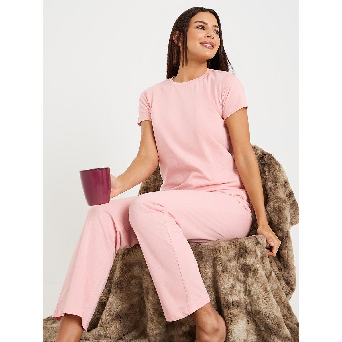 Styli Unwind Solid Cotton T-Shirt & Pyjama Set-women-clothing-nightwear-pyjamas-longsets-image-1
