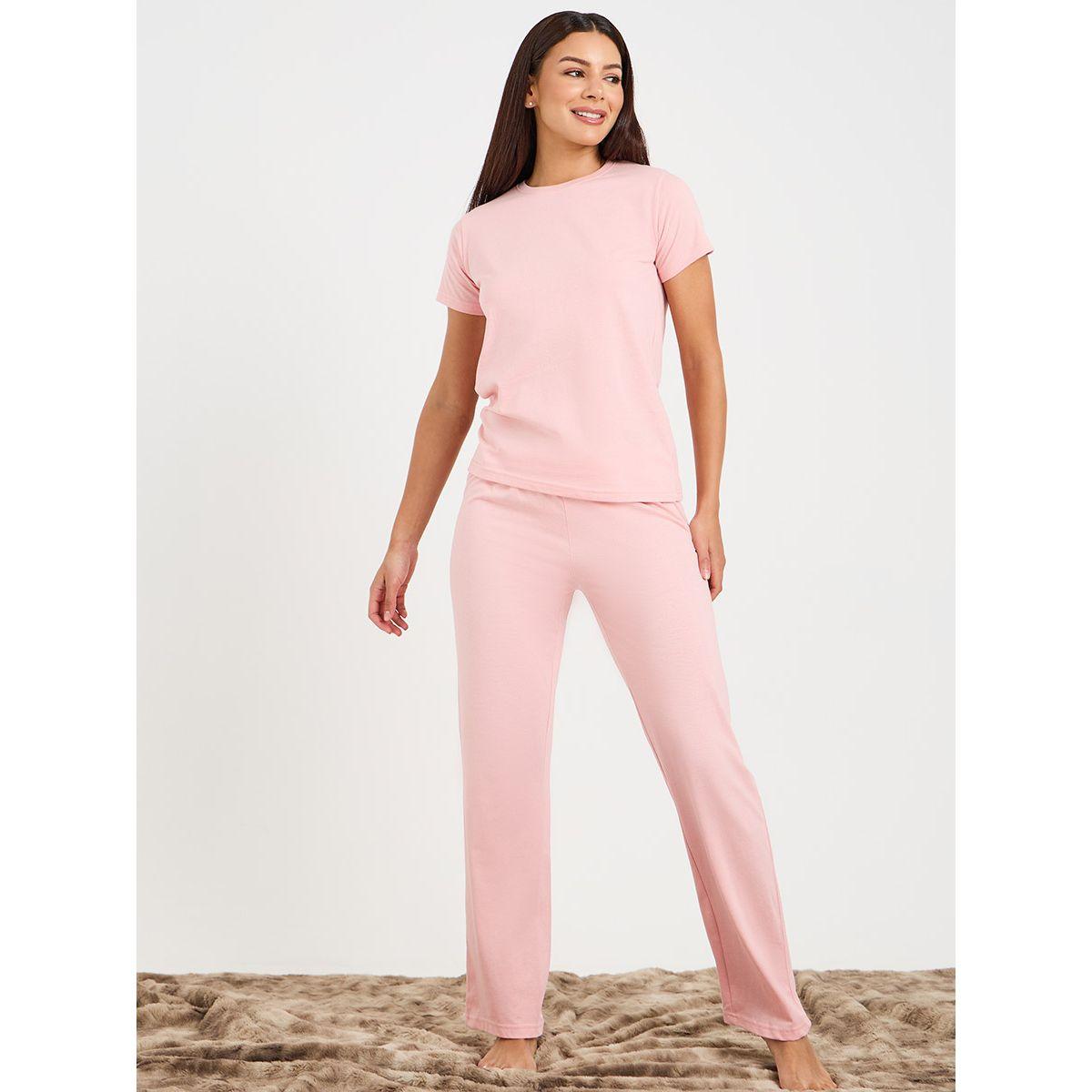 Styli Unwind Solid Cotton T-Shirt & Pyjama Set-women-clothing-nightwear-pyjamas-longsets-image-2
