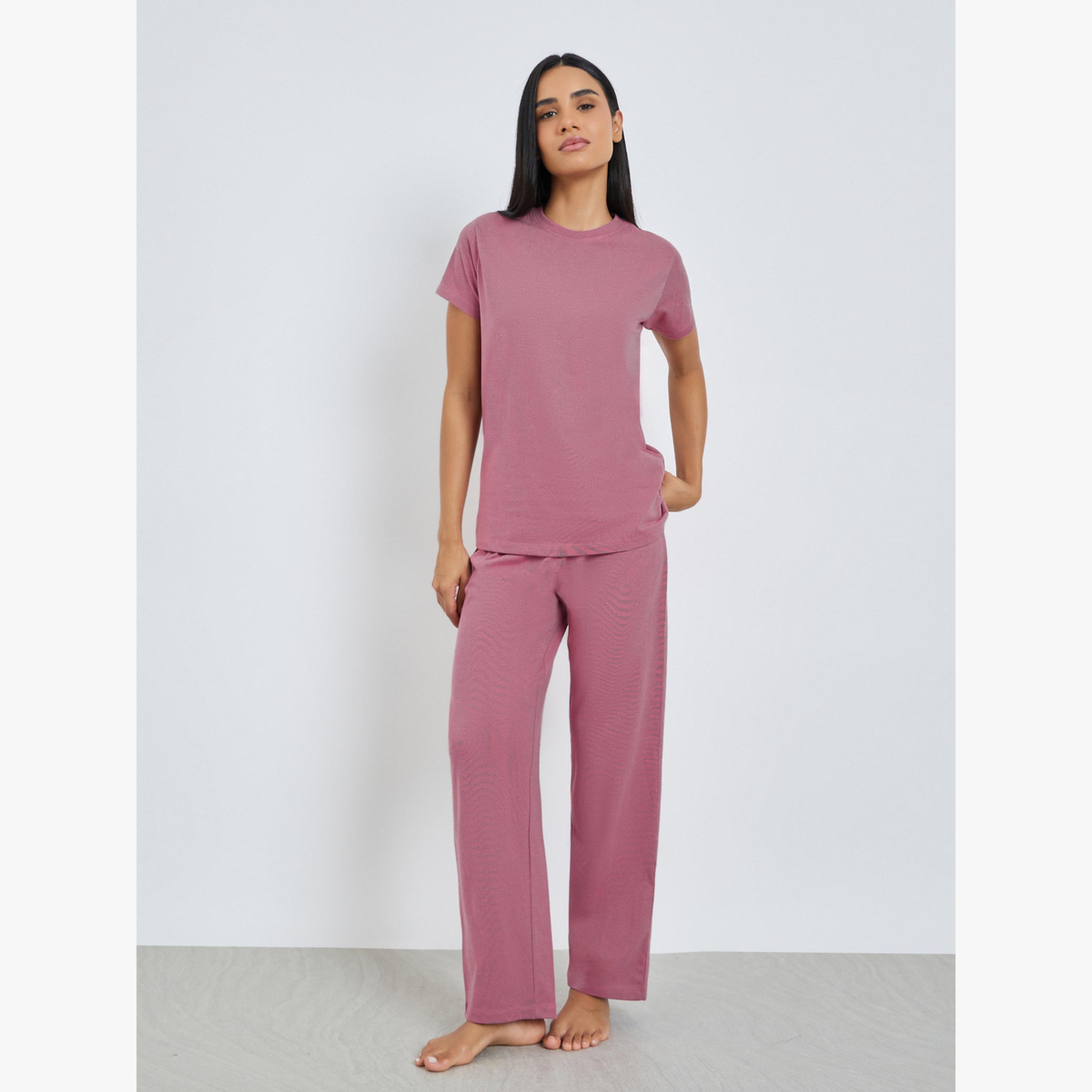 Styli Solid Cotton T-Shirt and Pyjama Set-women-clothing-nightwear-pyjamas-longsets-image-1