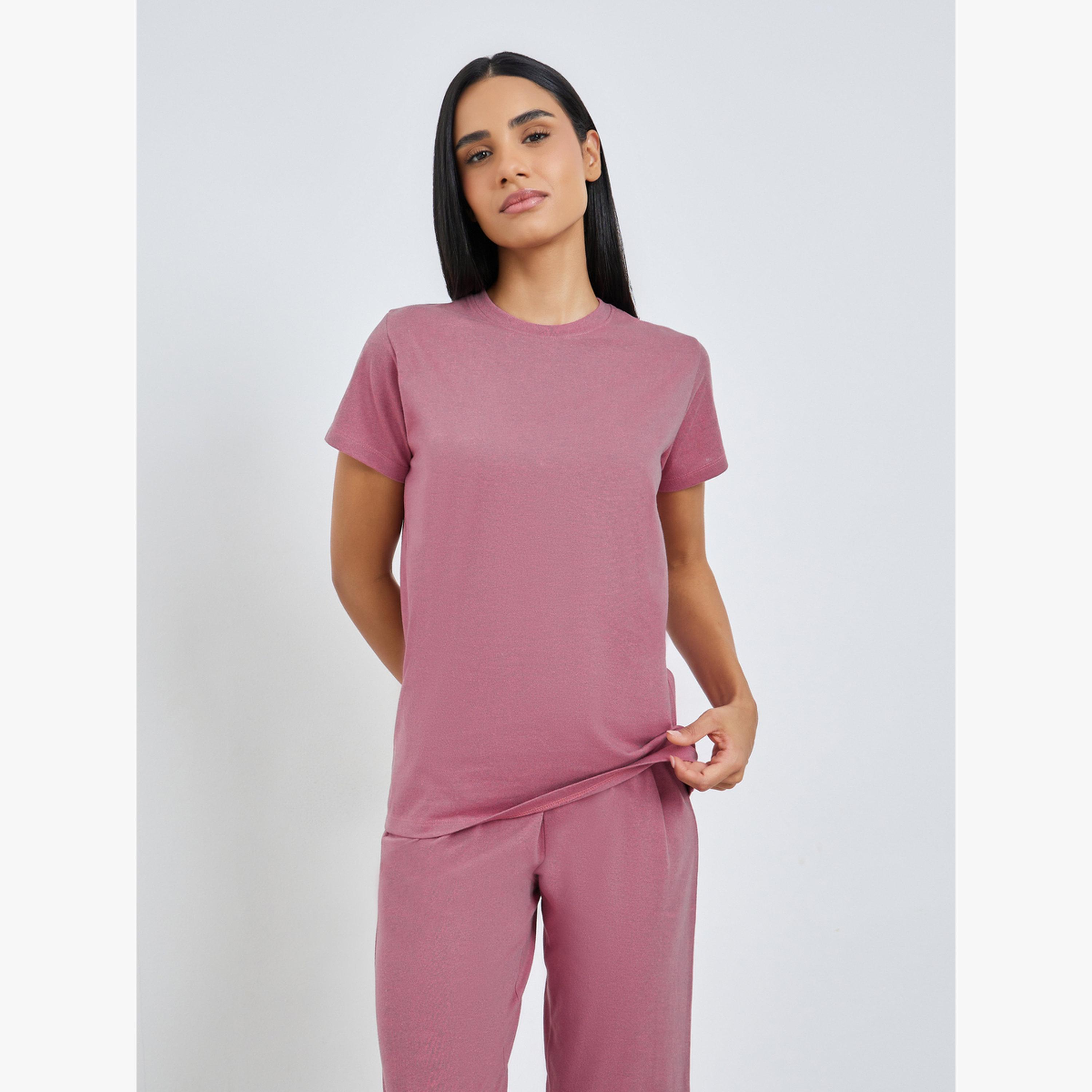 Styli Solid Cotton T-Shirt and Pyjama Set-women-clothing-nightwear-pyjamas-longsets-image-2