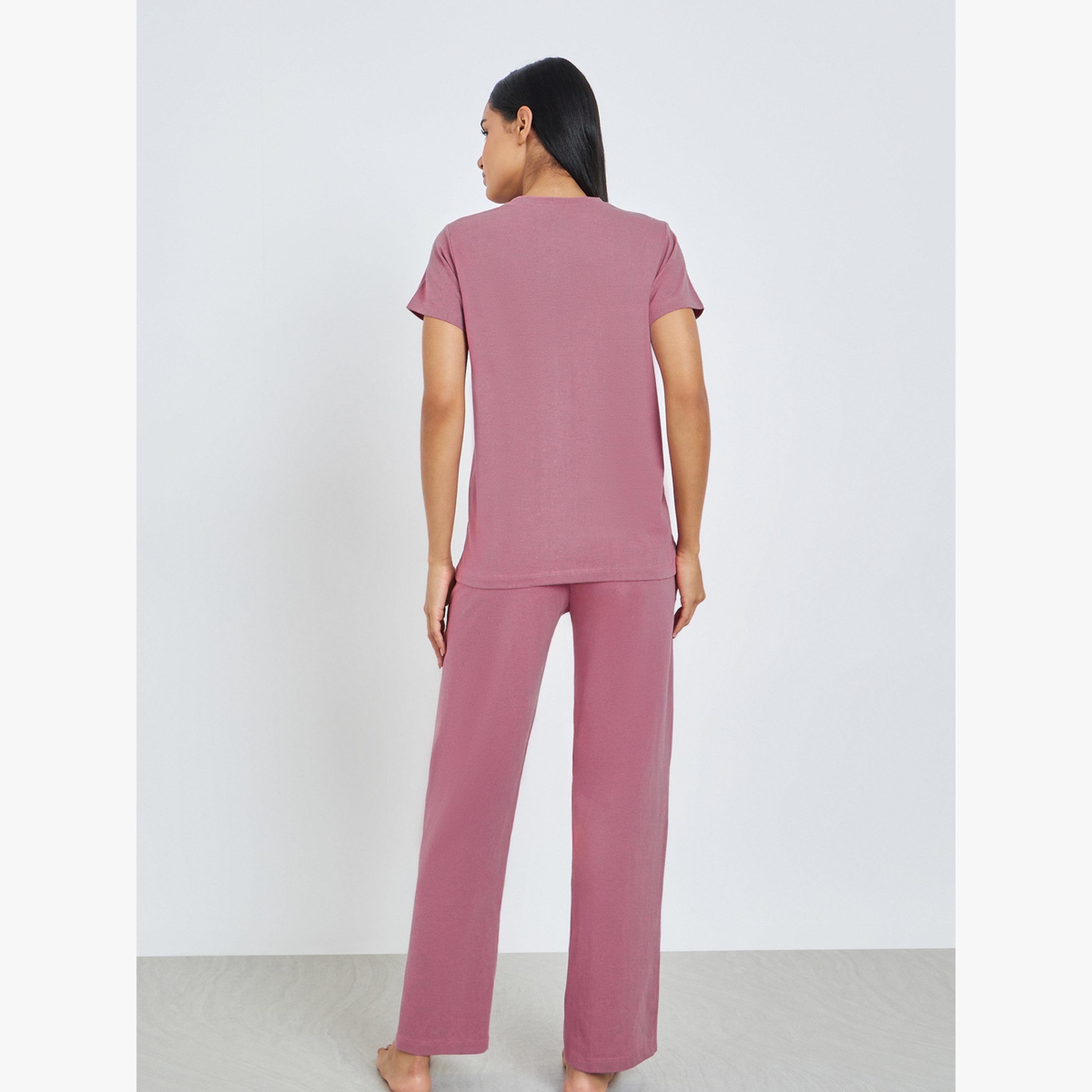 طقم بيجاما من بنطال وتيشيرت بأكمام قصيرة سادة-women-clothing-nightwear-pyjamas-longsets-image-3