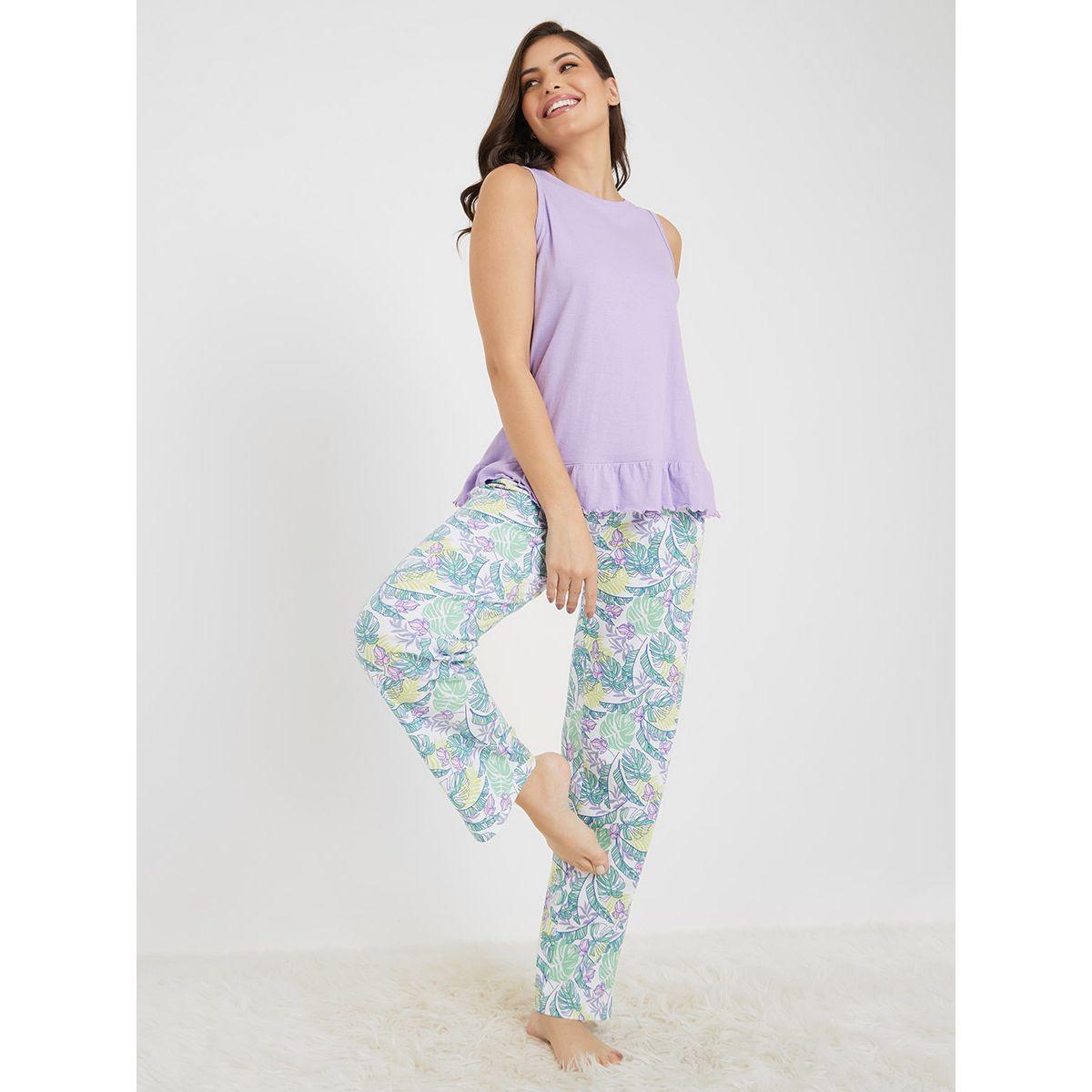 Styli Unwind Cotton Ruffle Hem Vest & Tropical Leaf Pyjama Set-women-clothing-nightwear-pyjamas-longsets-image-2