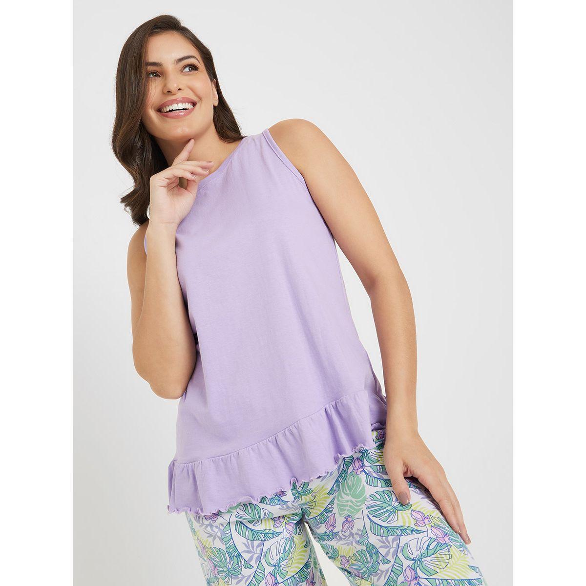 Styli Unwind Cotton Ruffle Hem Vest & Tropical Leaf Pyjama Set-women-clothing-nightwear-pyjamas-longsets-image-3