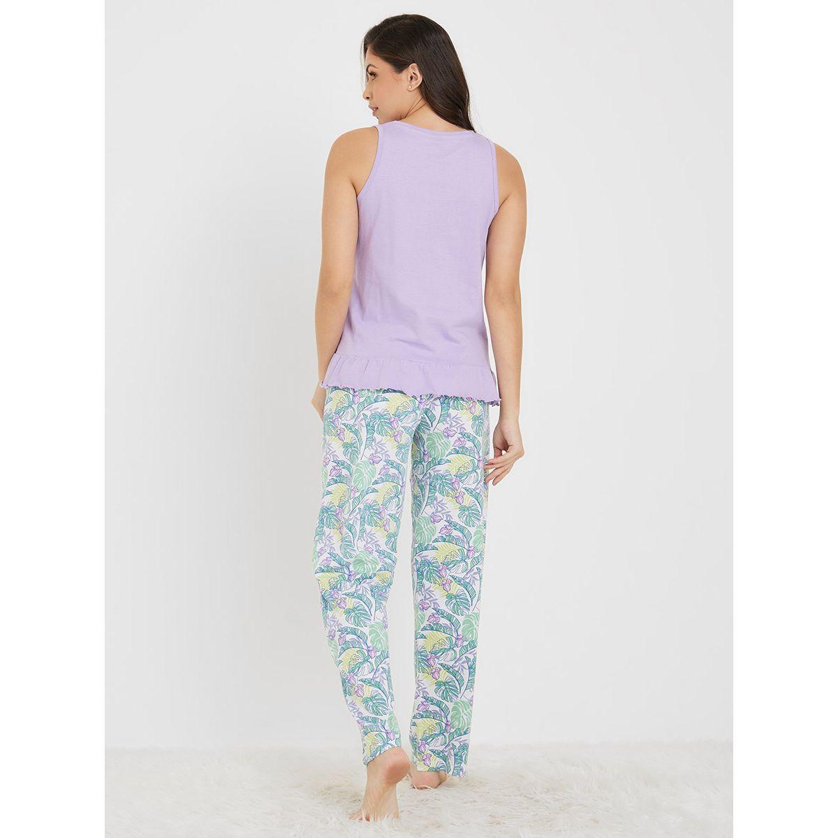 Styli Unwind Cotton Ruffle Hem Vest & Tropical Leaf Pyjama Set-women-clothing-nightwear-pyjamas-longsets-image-6