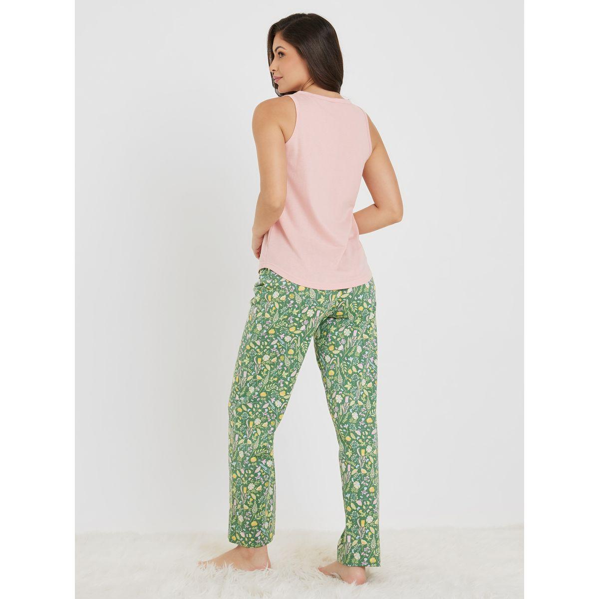 Styli Unwind Cotton Placket Vest & Ditsy Floral Pyjama Set-women-clothing-nightwear-pyjamas-longsets-image-5