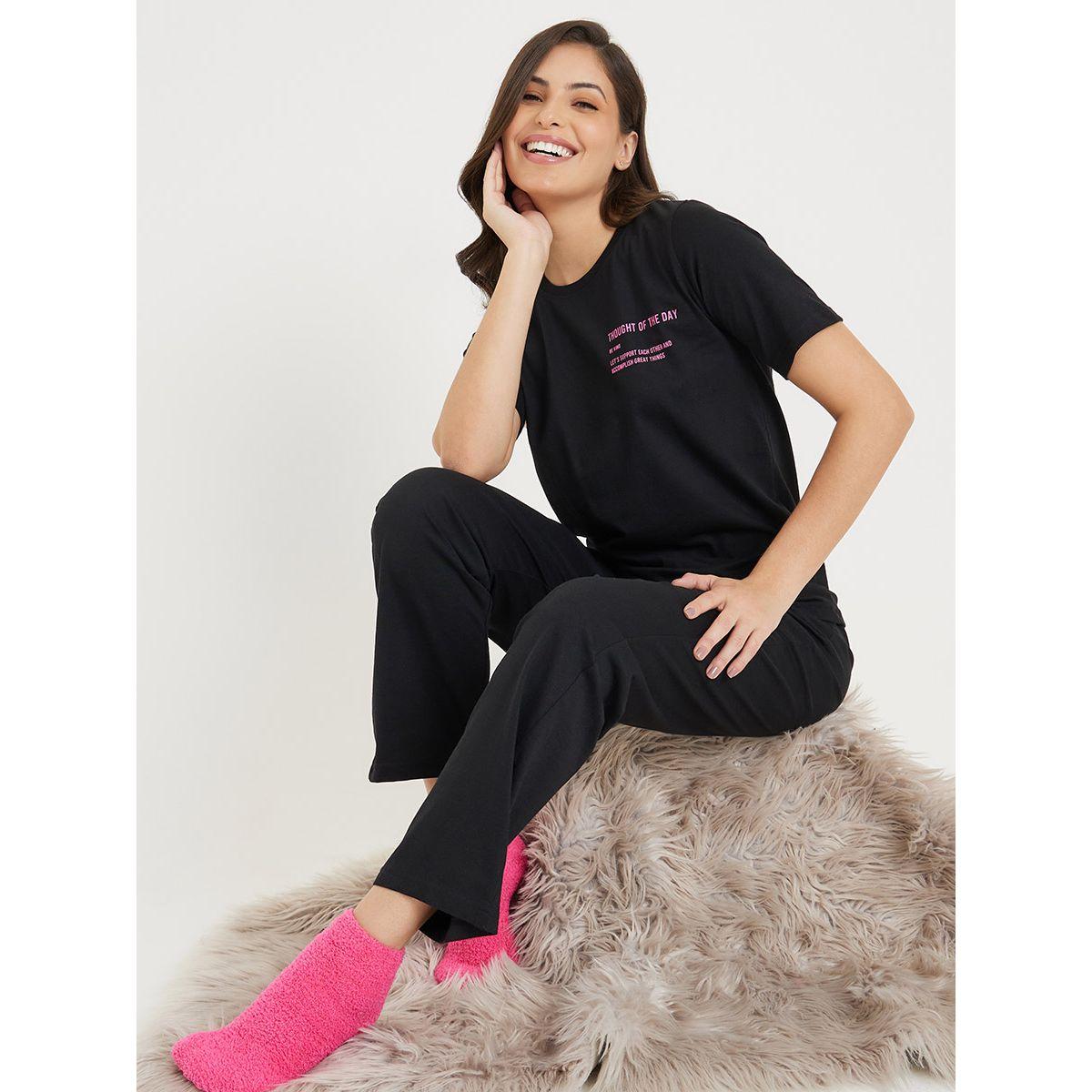 Styli Unwind Cotton Slogan Print T-Shirt & Pyjama Set-women-clothing-nightwear-pyjamas-longsets-image-1