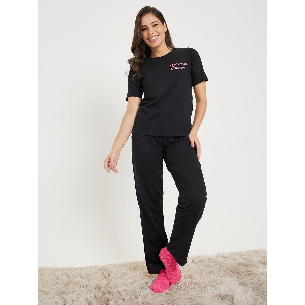 Styli Unwind Cotton Slogan Print T-Shirt & Pyjama Set-women-clothing-nightwear-pyjamas-longsets-image-2
