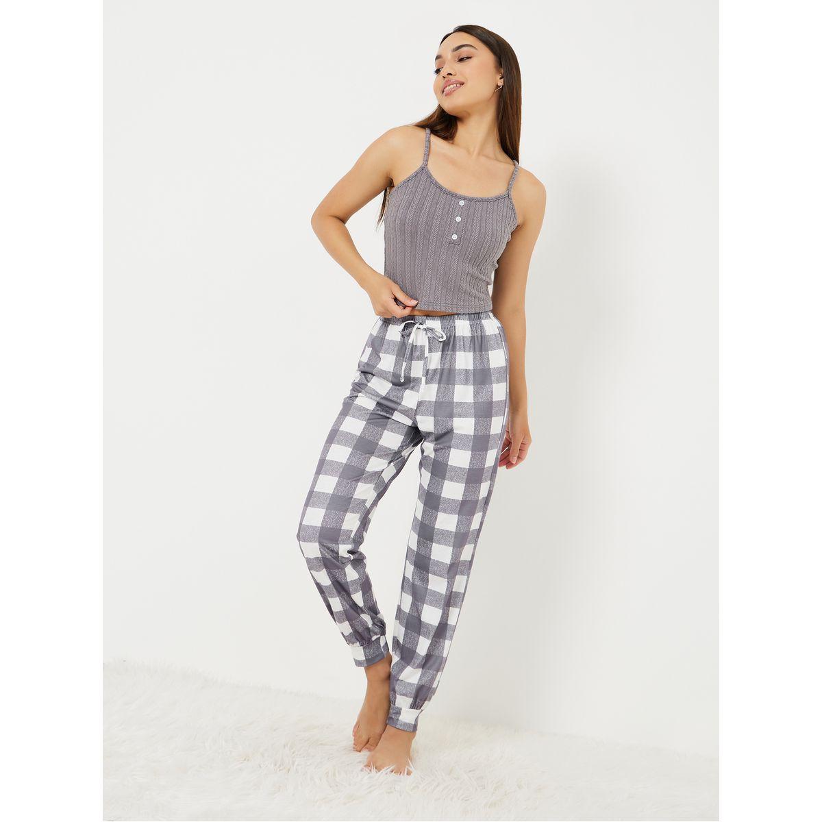 Styli Unwind Textured Rib Placket Cami & Checked Cuffed Pyjama Set-women-clothing-nightwear-pyjamas-longsets-image-1