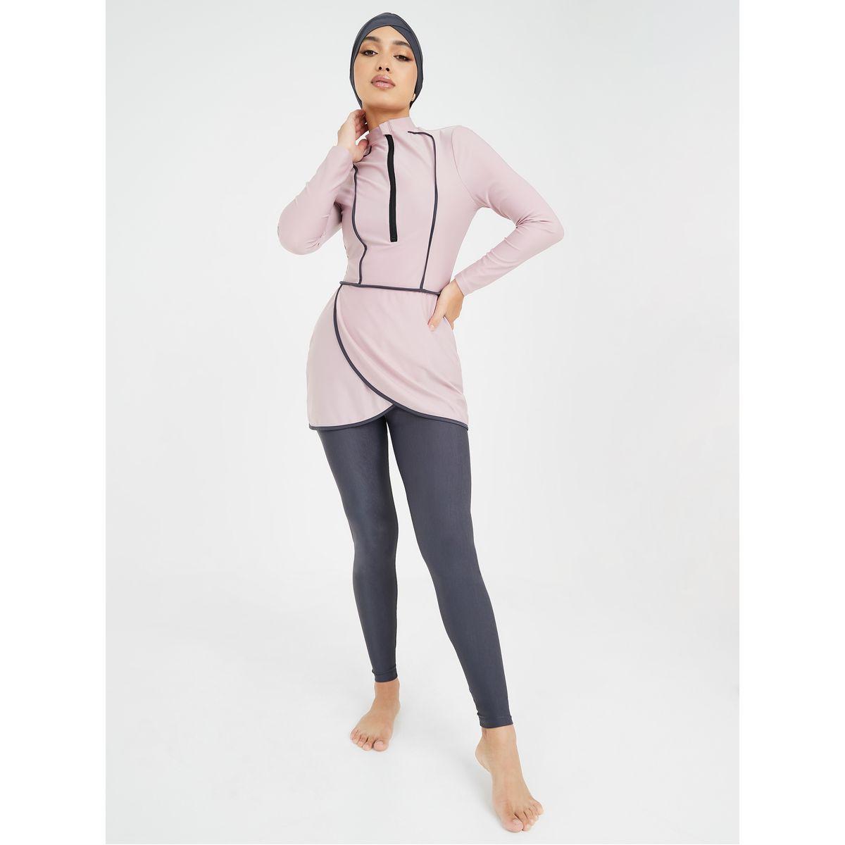 Styli Pack of 3 - Solid Zip Up Contrast Edge Wrap Burkini, Leggings & Cap-women-clothing-swimandbeach-swim-burkinis-image-1