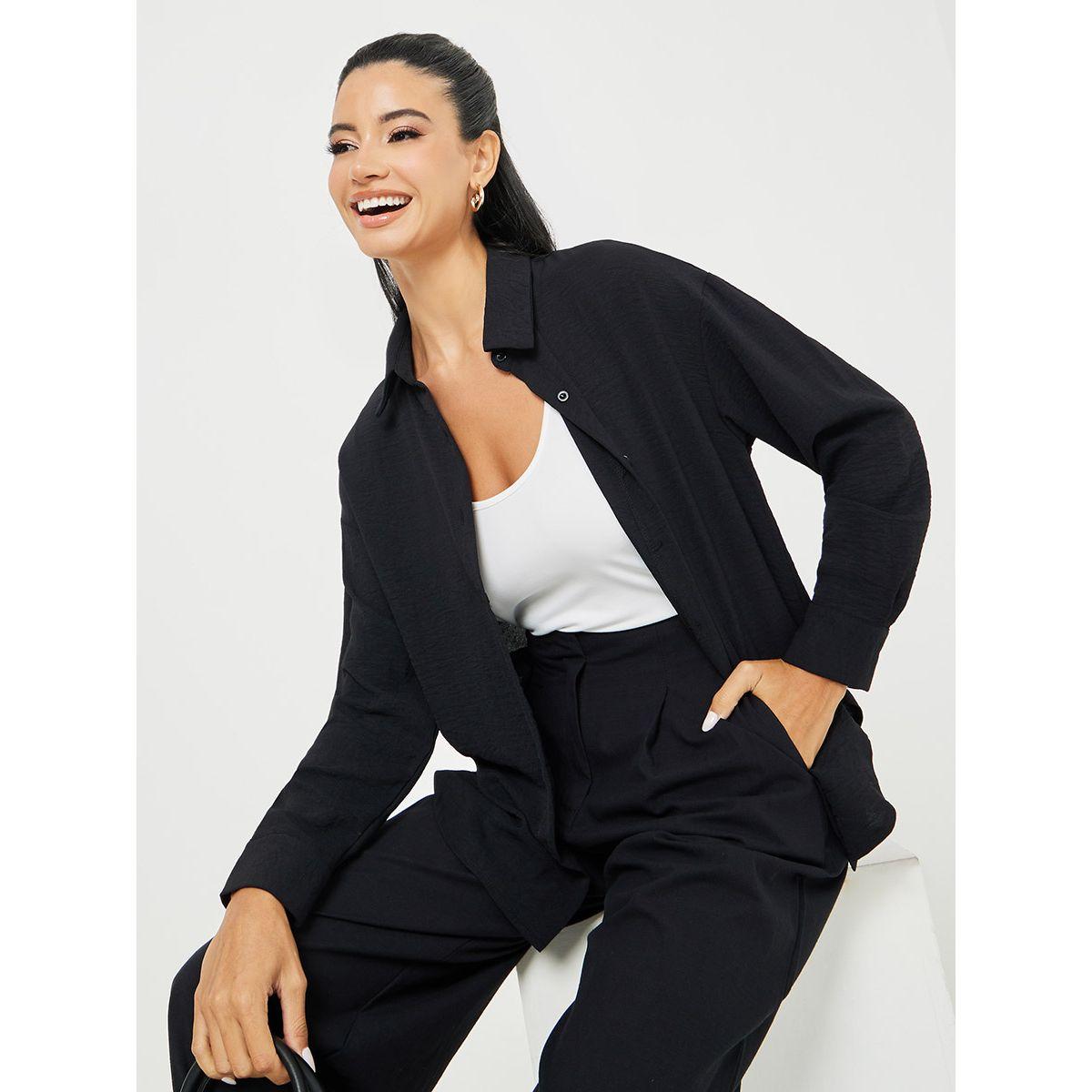 Styli Curved Hem Longline Shirt with Button Placket Detail-women-clothing-shirtsandblouses-shirts-image-1