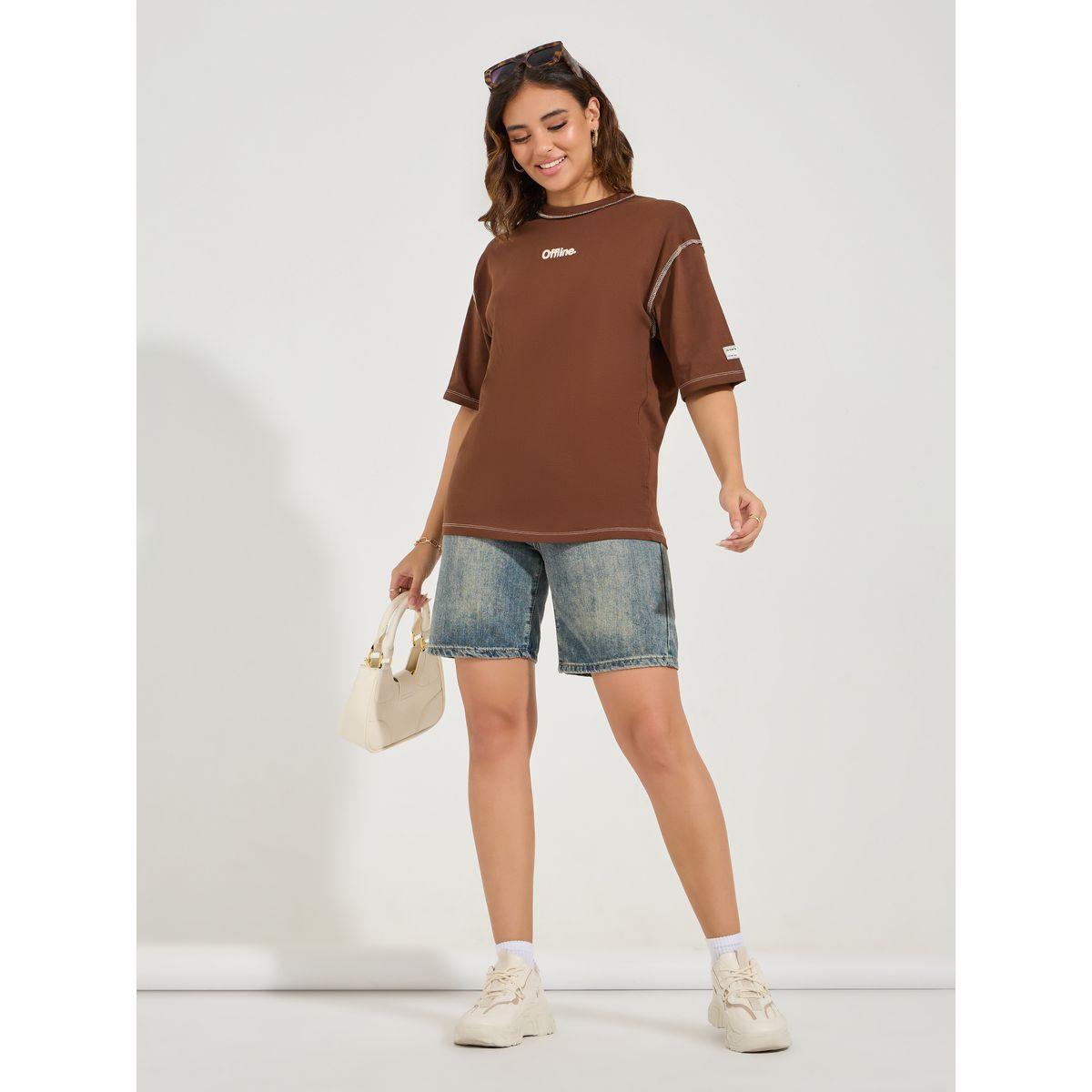 تيشيرت فضفاض مطبع بكتابة مع اكتاف منخفضة-women-clothing-tshirts-image-2
