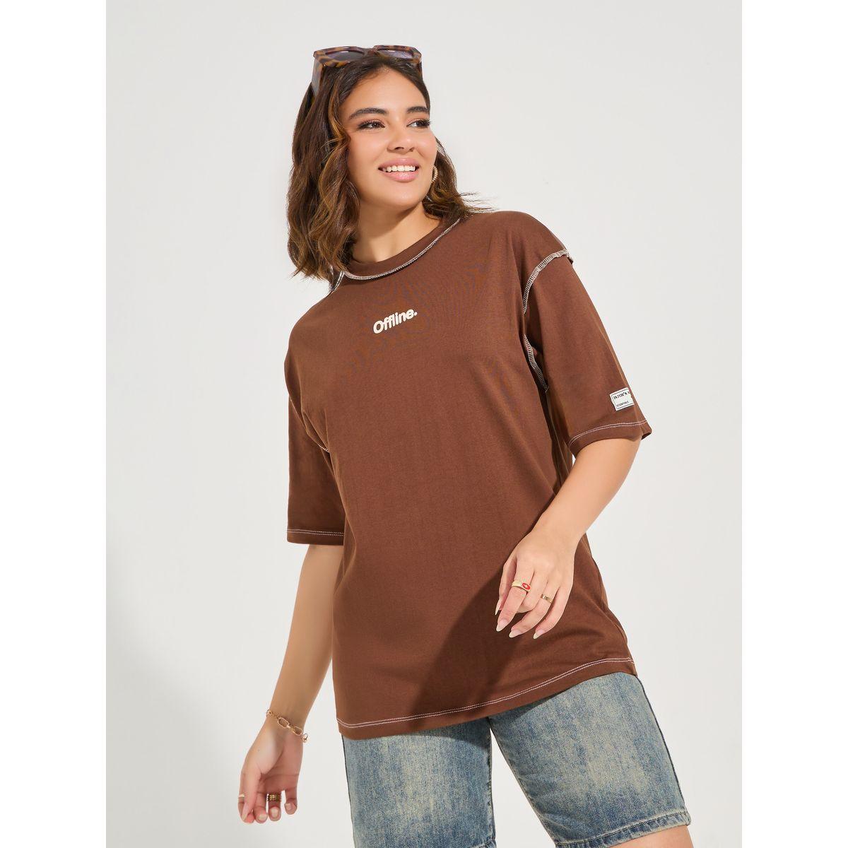 تيشيرت فضفاض مطبع بكتابة مع اكتاف منخفضة-women-clothing-tshirts-image-3