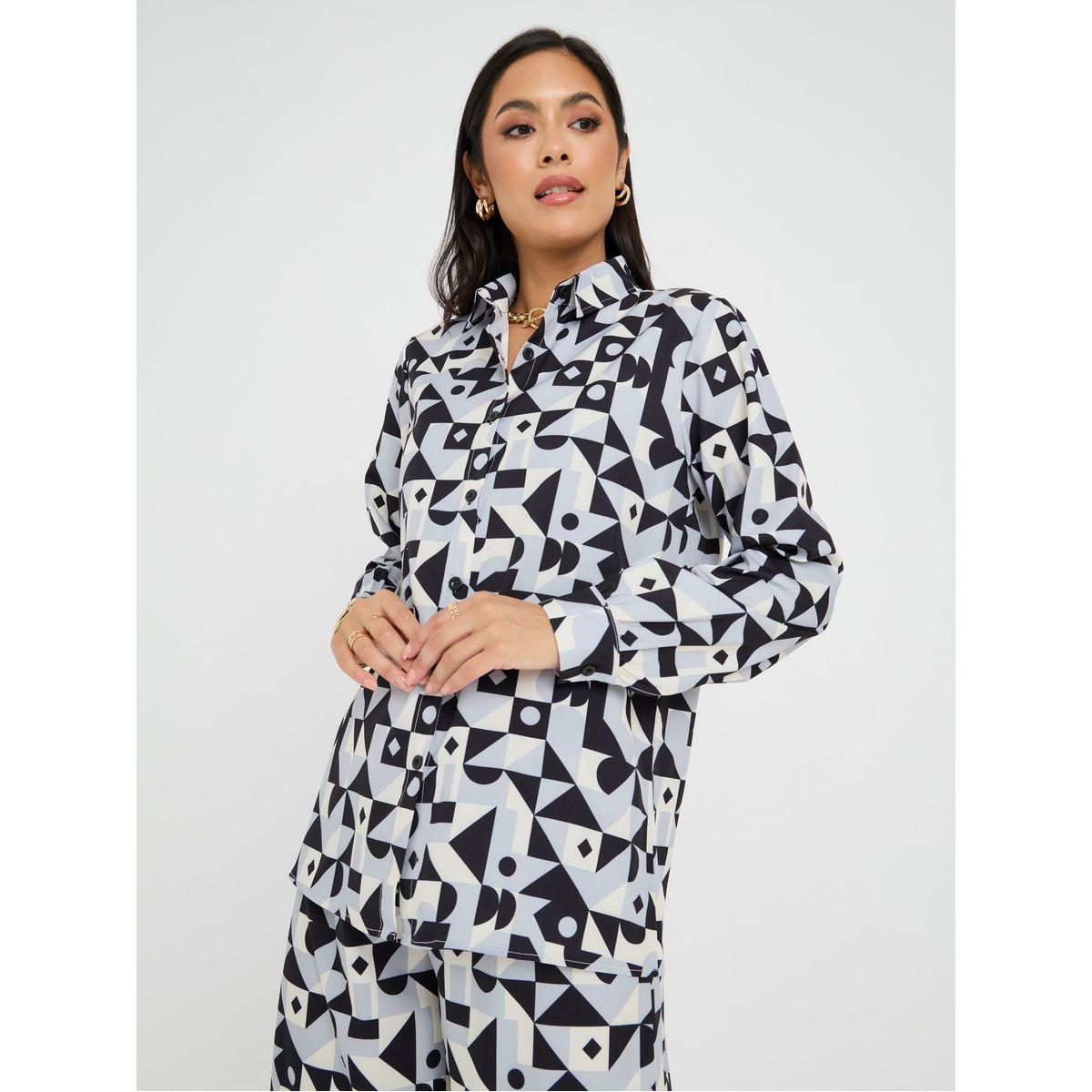 Styli Abstract Print Longline Shirt & Trouser Co-Ord Set-women-clothing-coordsets-image-4