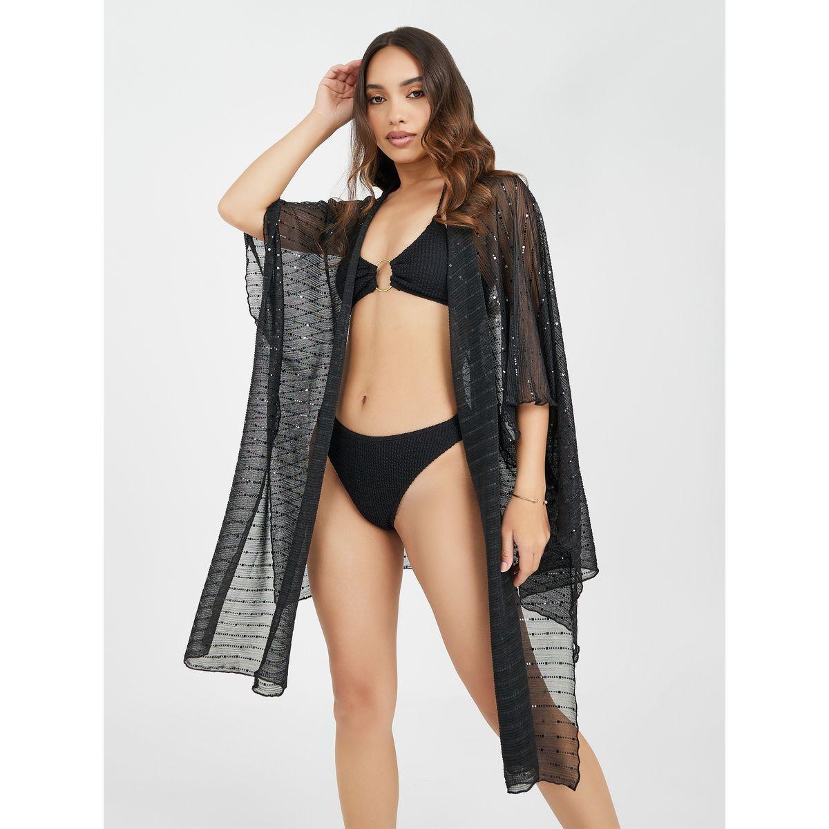 Styli Textured Metallic Stripe Side Slit Kimono-women-clothing-swimandbeach-beach-beachwear-image-2