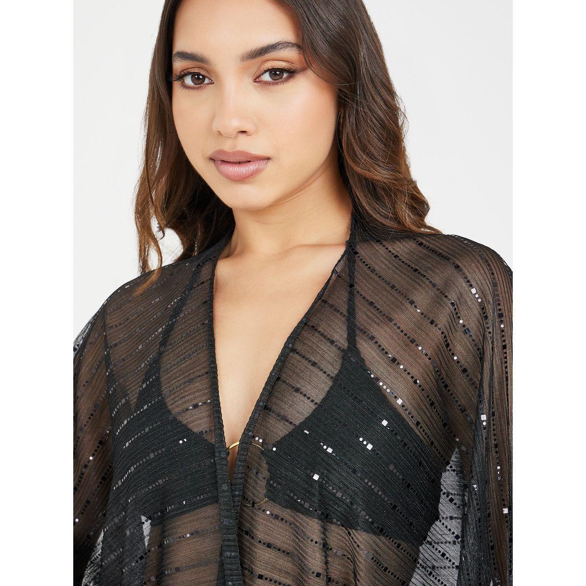 Styli Textured Metallic Stripe Side Slit Kimono-women-clothing-swimandbeach-beach-beachwear-image-3