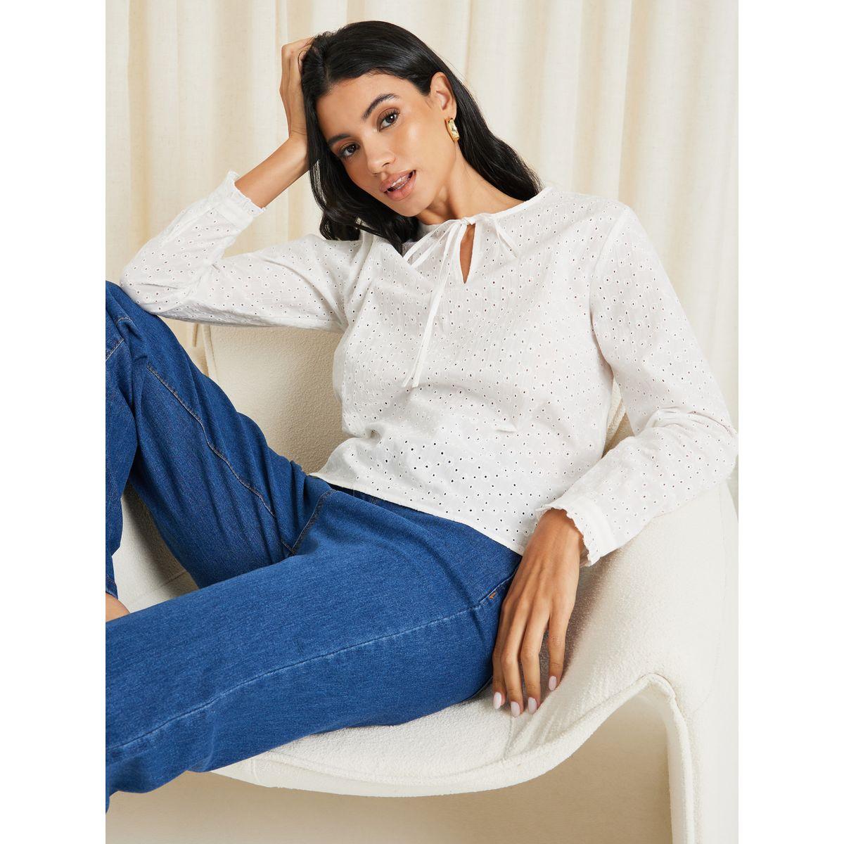 Styli Schiffli Tie-Up Neck Regular Fit Blouse-women-clothing-shirtsandblouses-blouses-image-1